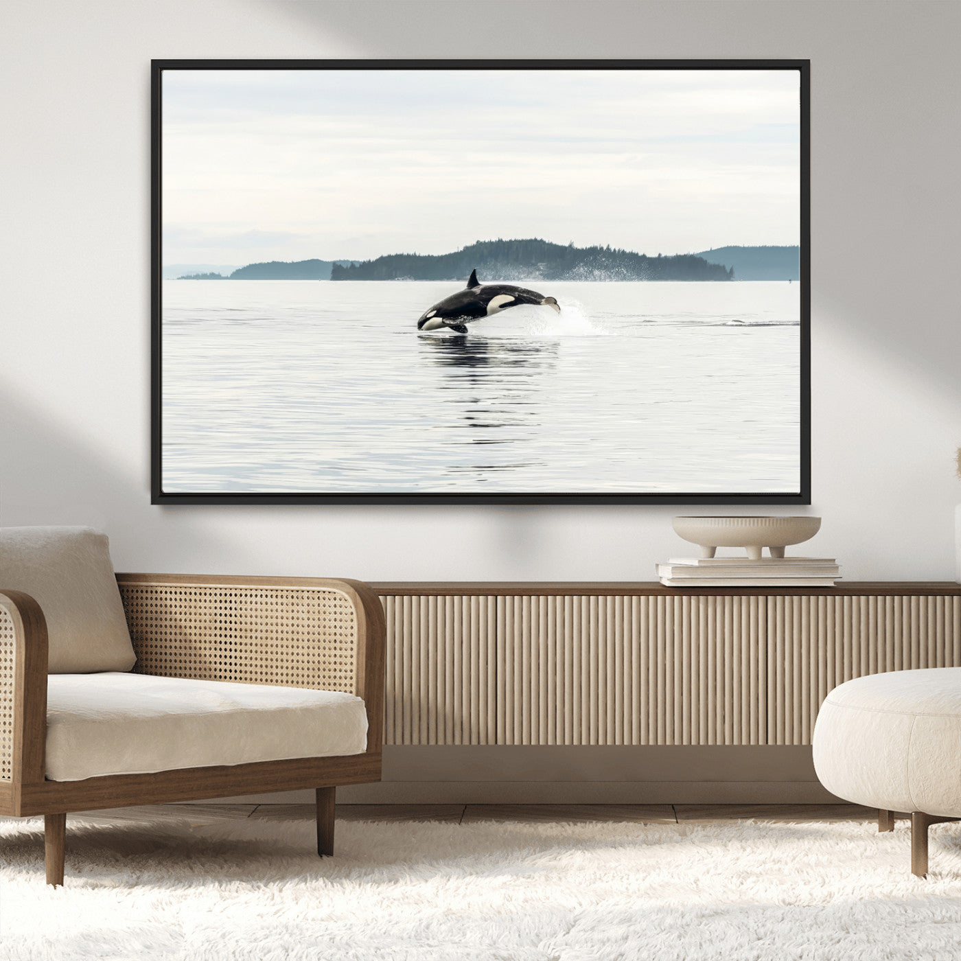 10157174-MGV-CV-36X24-Orca Whale Wall Art Canvas Print, Framed Black White Whale Art Picture Print, Minimalist Ocean Perfect Coastal Minimalist Decor