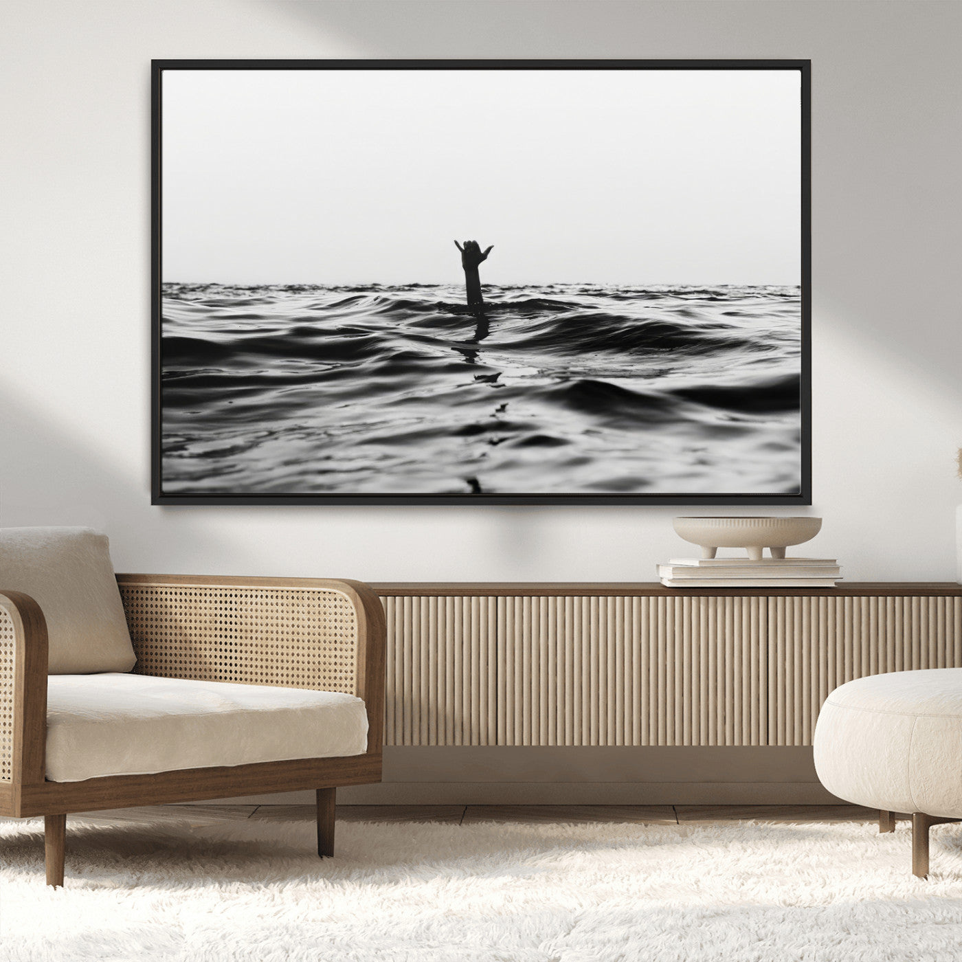 69541918-MGV-CV-36X24-Black White Ocean Wall Art Canvas Print, Framed Moody Seascape Art Picture Print, Surfer Sign Perfect Moody Minimalist Decor