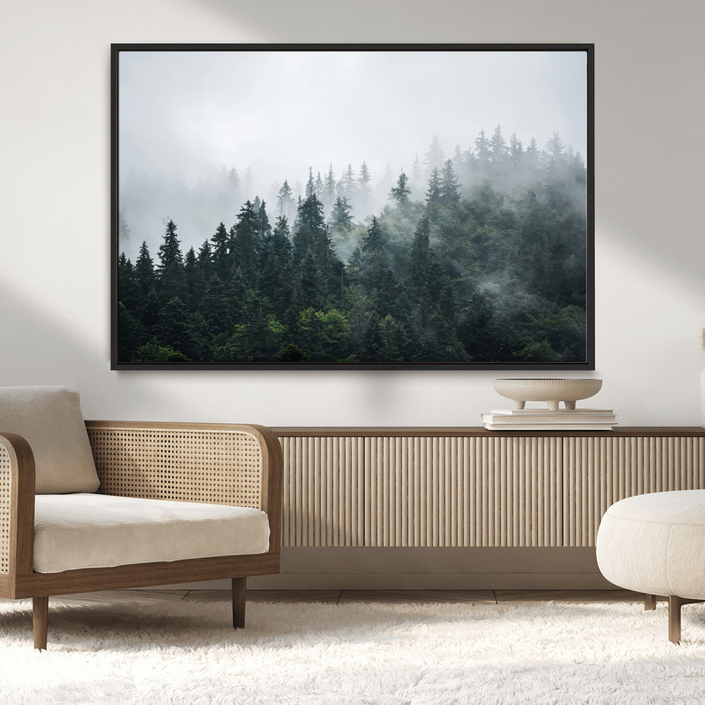 84146572-MGV-CV-36X24-Foggy Pine Trees Wall Art Canvas Print, Framed Forest Nature Art Picture Print, Evergreen Forest Perfect Scandinavian Minimalist