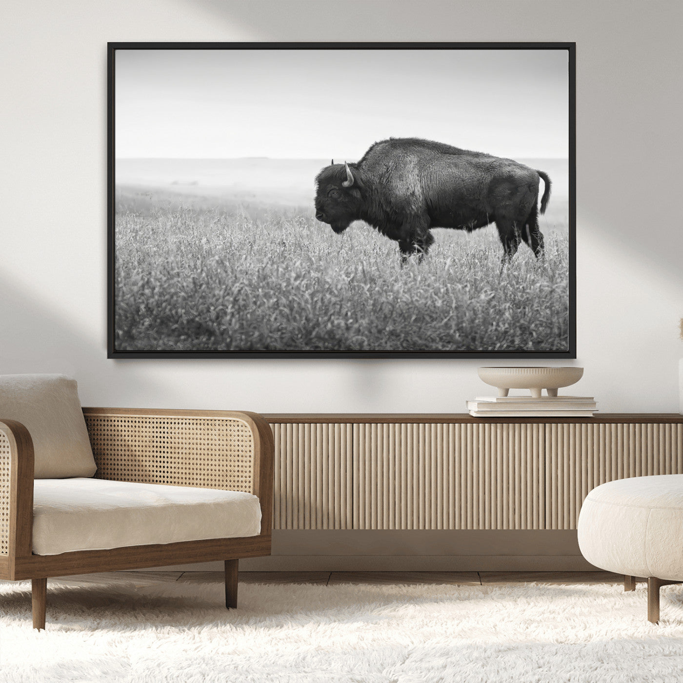 28435251-MGV-CV-36X24-Bison In Prairie Wall Art Canvas Print, Framed Rustic Wildlife Art Picture Print, Wild Buffalo Perfect Rustic Western Decor