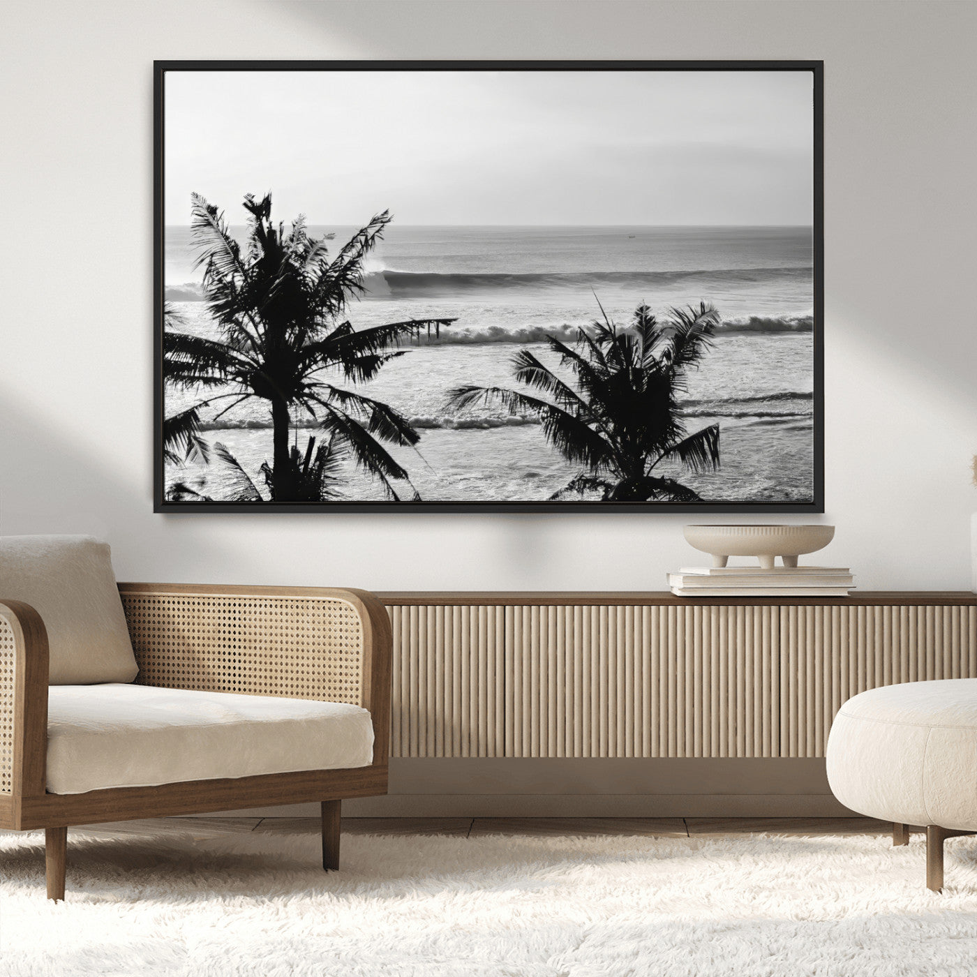 17508038-MGV-CV-36X24-Tropical Coastline Wall Art Canvas Print, Framed Palm Trees Art Picture Print, Ocean Waves Perfect Minimalist Coastal Decor