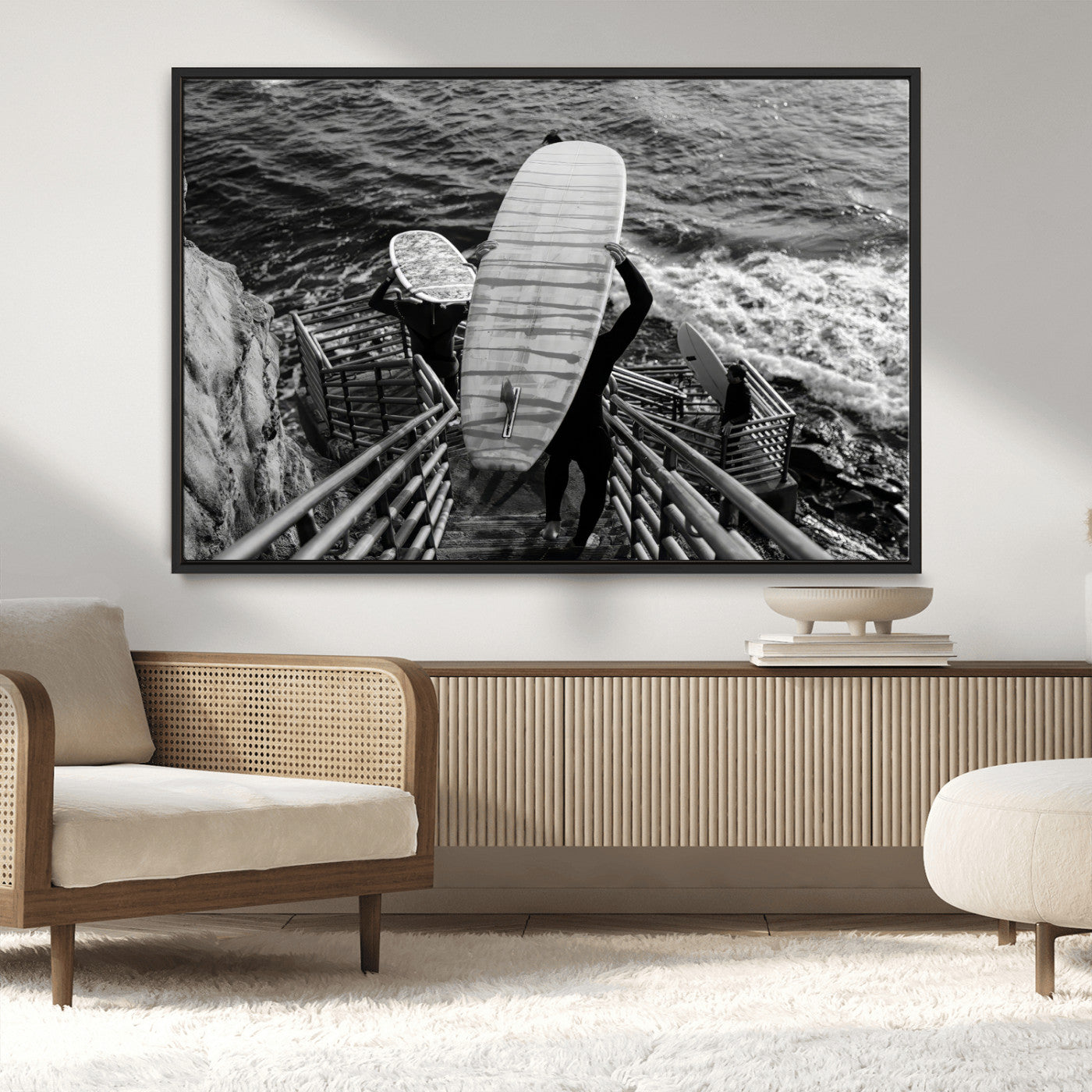 32353707-MGV-CV-36X24-Black White Surfing Wall Art Canvas Print, Framed Coastal Surfing Art Picture Print, Wave Riders Perfect Coastal Adventure Decor