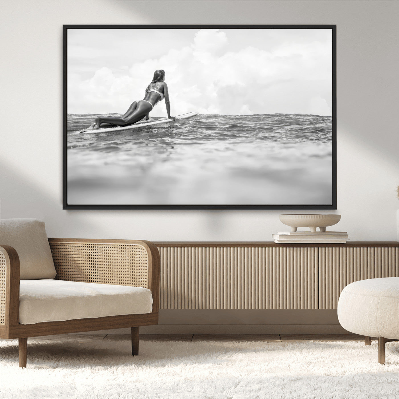 69798068-MGV-CV-36X24-Black White Surfing Wall Art Canvas Print, Framed Ocean Horizon Art Picture Print, Surfer Girl Perfect Coastal Adventure Decor