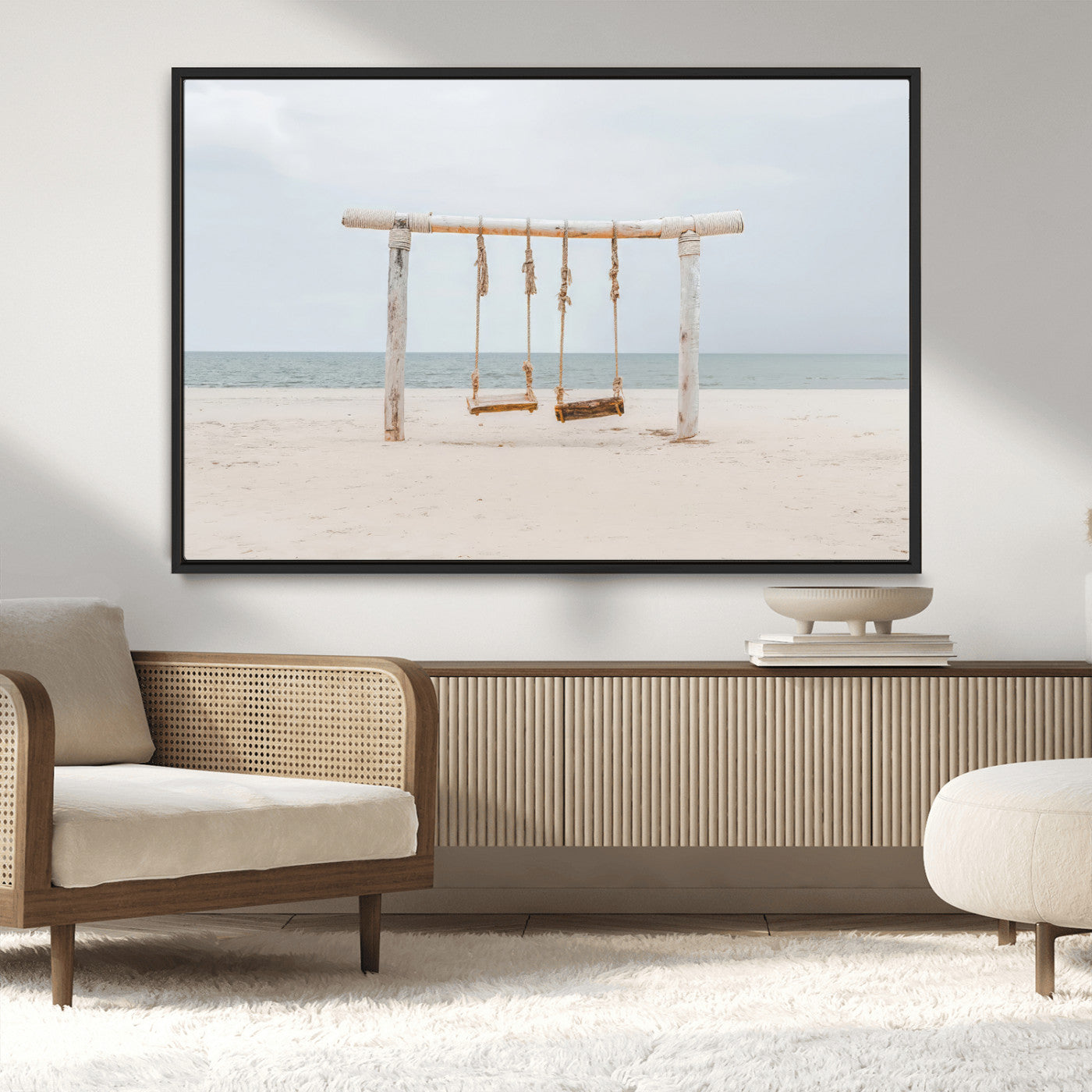 68327283-MGV-CV-36X24-Beach Swing Wall Art Canvas Print, Framed Quiet Beach Art Picture Print, Calm Shoreline Perfect Bohemian Coastal Decor Artwork