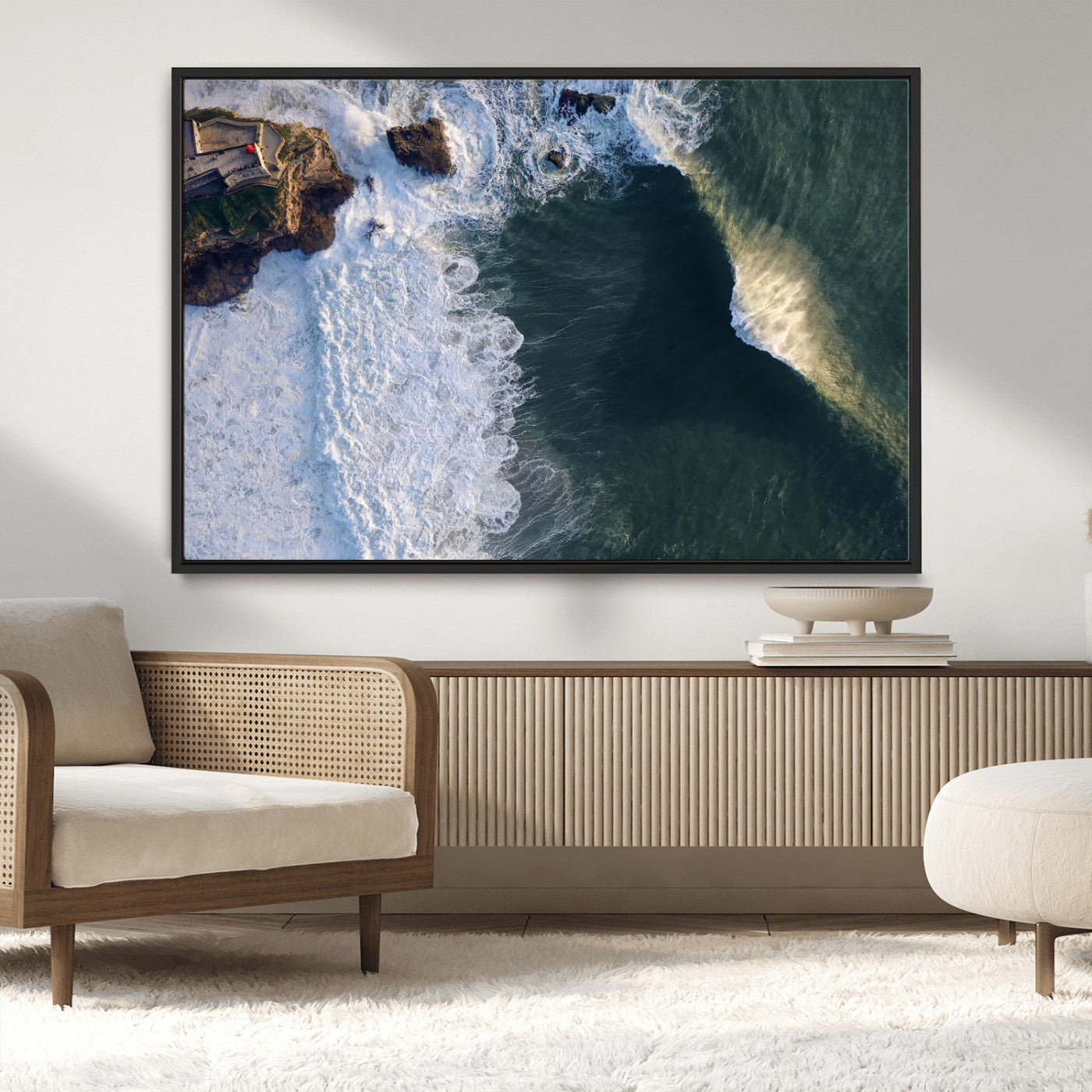 37405684-MGV-CV-36X24-Nazaré Coast Wall Art Canvas Print, Framed Aerial Ocean Art Picture Print, Coastal Fortress Perfect Dramatic Coastal Decor Artwork