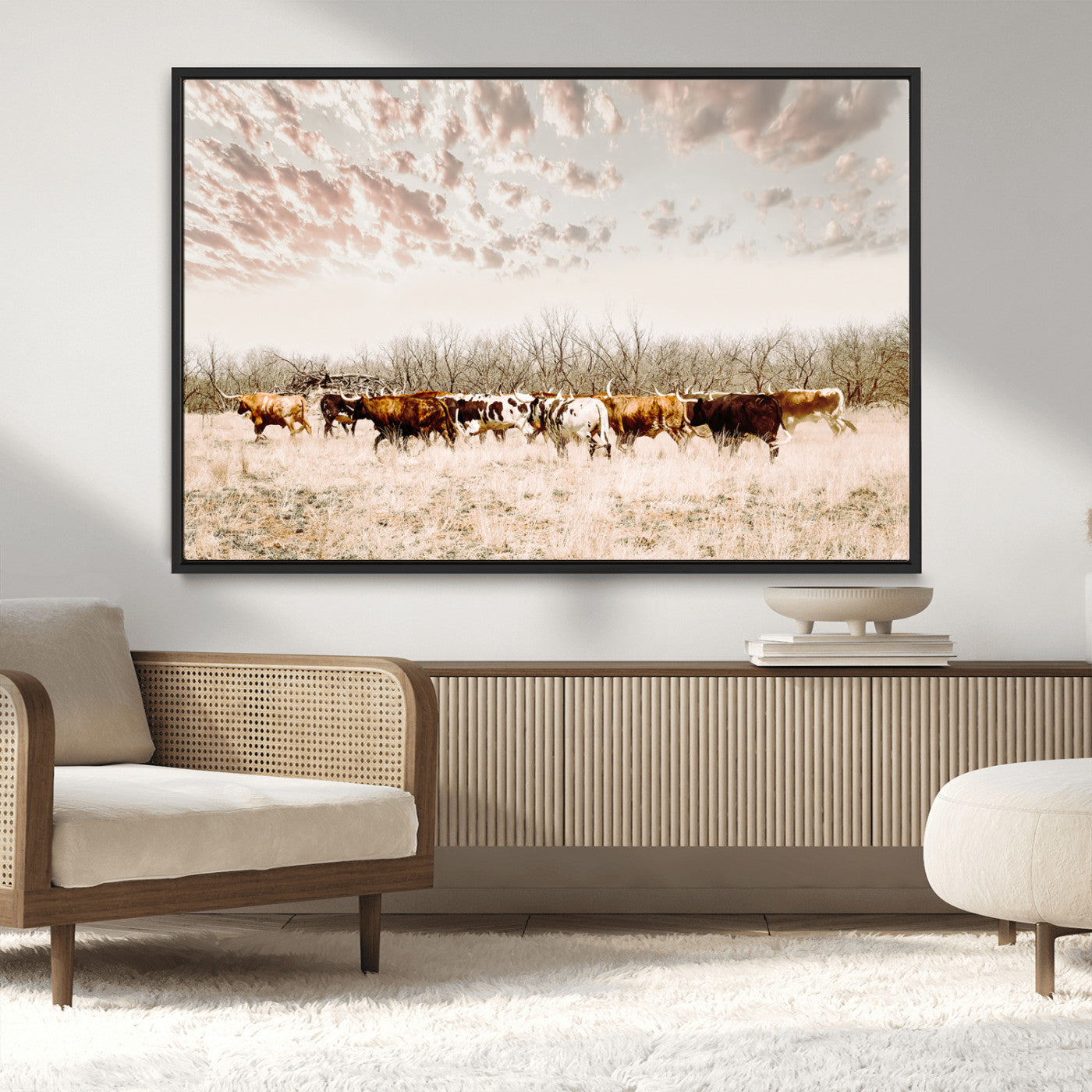 64892775-MGV-CV-36X24-Longhorn Cattle Wall Art Canvas Print, Framed Texas Ranch Art Picture Print, Western Cow Perfect Western Decor Artwork