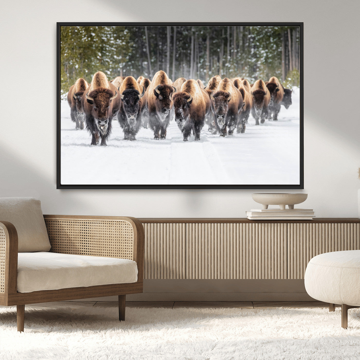 22695857-MGV-CV-36X24-Bison Herd Scene Wall Art Canvas Print, Framed Western Wildlife Art Picture Print, Rustic Animal Art Perfect Rustic Lodge Decor