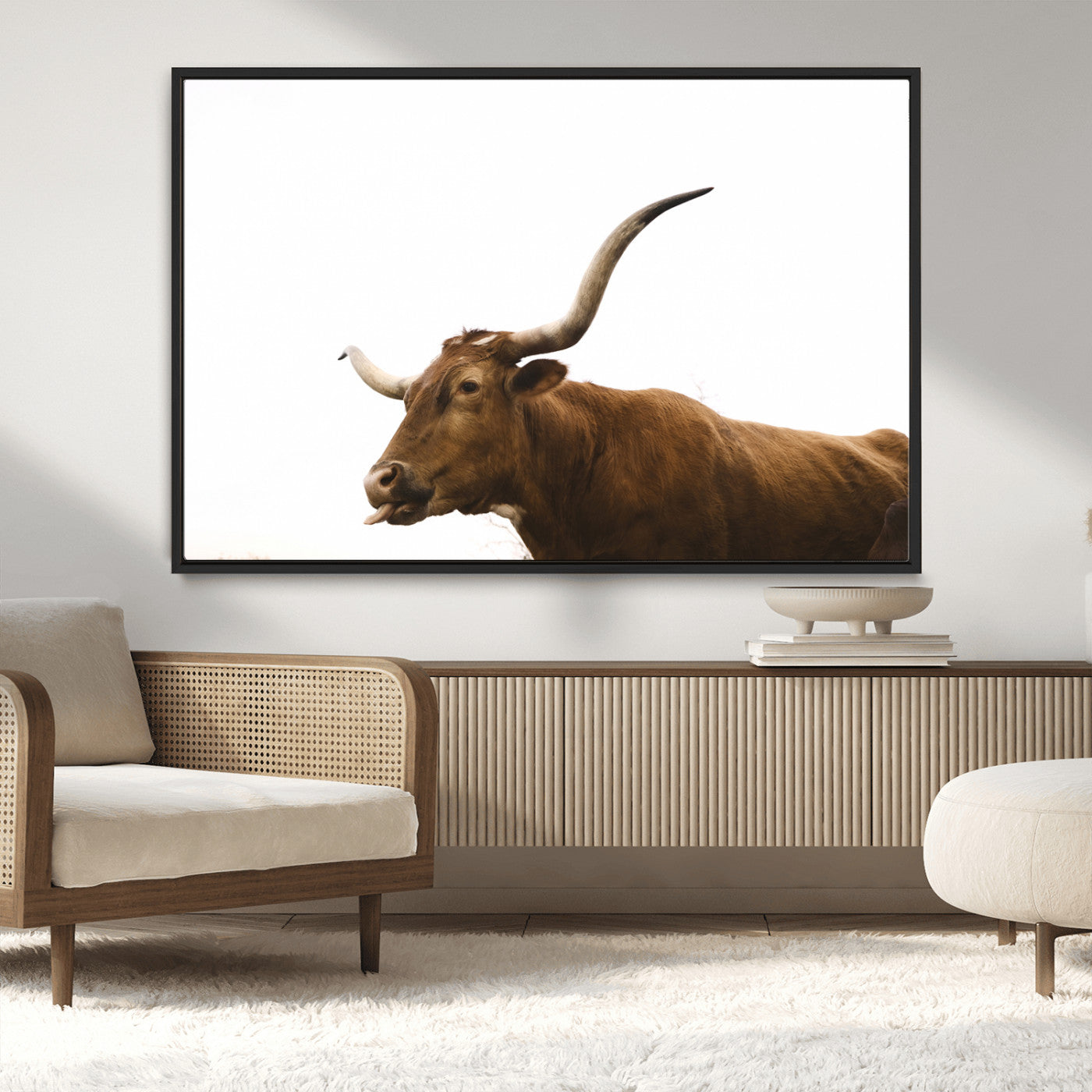62566114-MGV-CV-36X24-Longhorn Cow Art Wall Art Canvas Print, Framed Rustic Animal Decor Art Picture Print, Texas Bull Photo Perfect Rustic Farmhouse