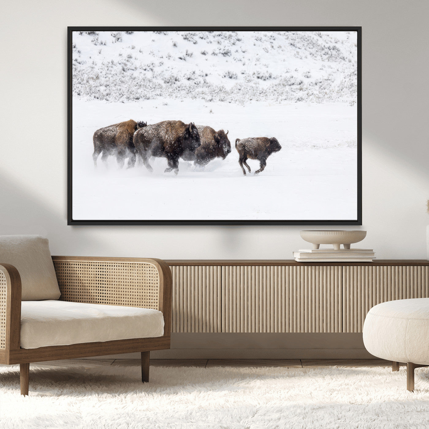 56216945-MGV-CV-36X24-Bison Herd Decor Wall Art Canvas Print, Framed Snowy Bison Scene Art Picture Print, Winter Wildlife Theme Perfect Rustic Western