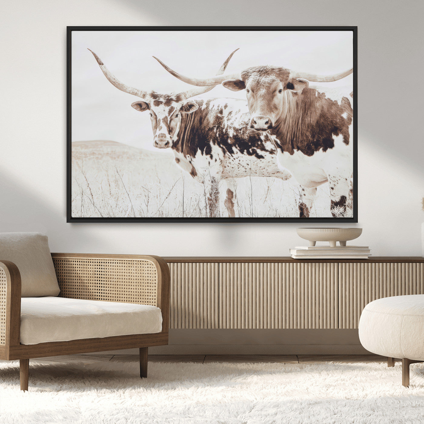 48161868-MGV-CV-36X24-Longhorn Cow Decor Wall Art Canvas Print, Framed Rustic Cattle Art Picture Print, Sepia Western Vibe Perfect Neutral Rustic