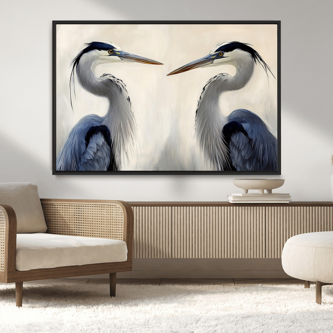 18230556-MGV-CV-36X24-Blue Heron Pair Wall Art Canvas Print, Framed Coastal Bird Theme Art Picture Print, Tranquil Wildlife Scene Perfect Coastal
