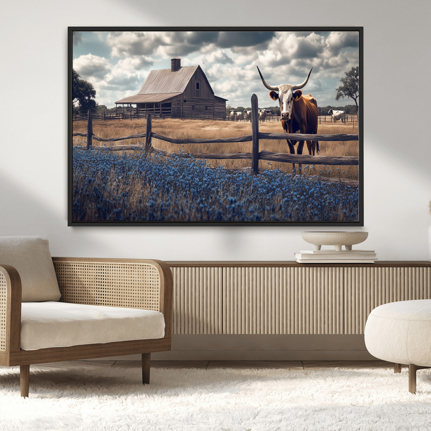 51092814-MGV-CV-36X24-Texas Longhorn Wall Art Wall Art Canvas Print, Framed Rustic Barn Canvas Art Picture Print, Farmhouse Cow Decor Perfect Rustic