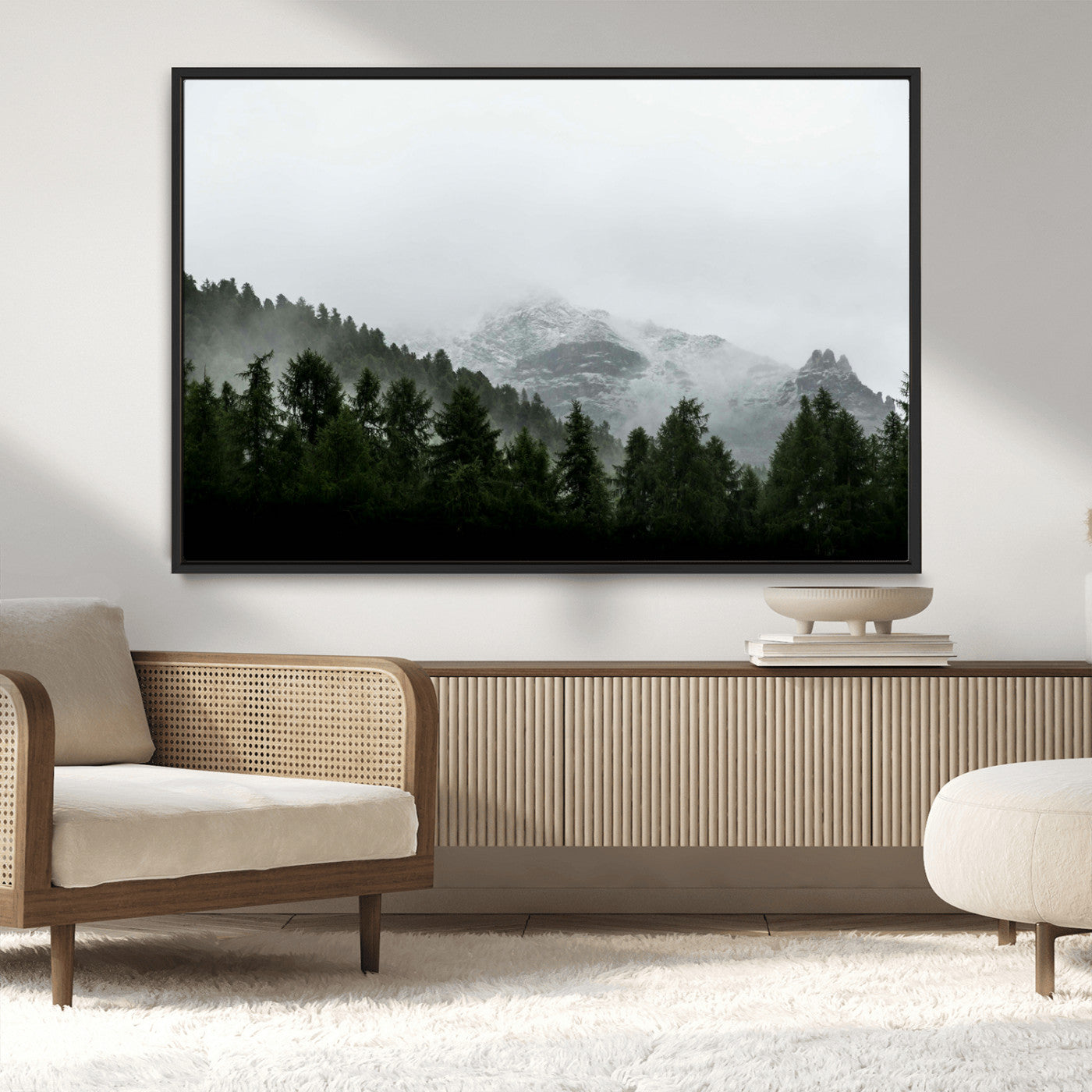 55968349-MGV-CV-36X24-Misty Mountains Wall Art Canvas Print, Framed Foggy Forest Art Picture Print, Snowy Peaks Perfect Moody Wilderness Decor Artwork