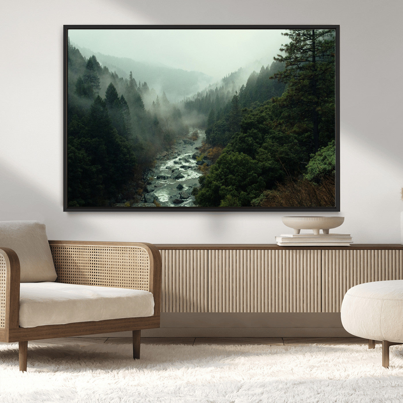48497565-MGV-CV-36X24-Misty Forest Wall Art Canvas Print, Framed Foggy River Art Picture Print, Moody Landscape Perfect Moody Wilderness Decor Artwork
