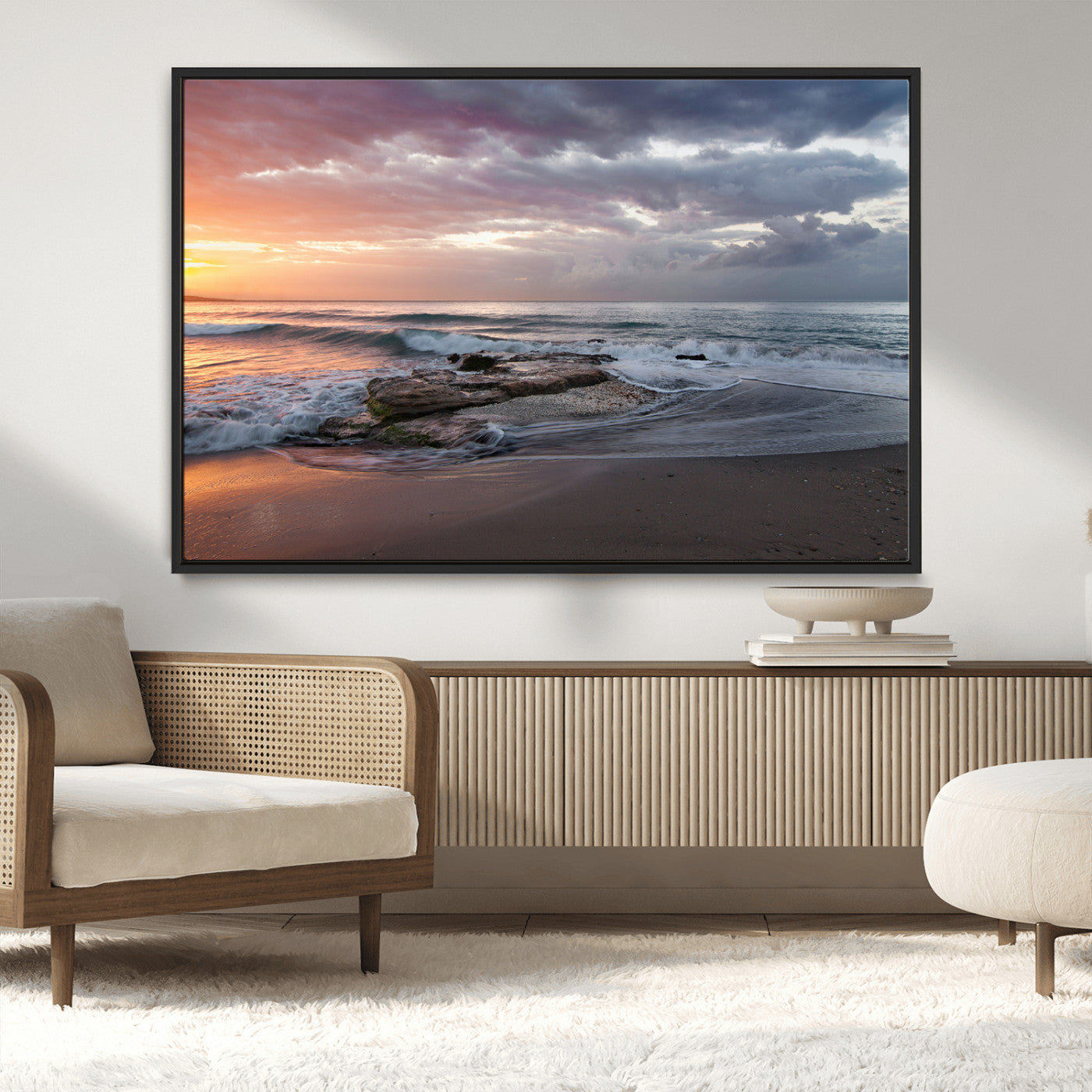 94208089-MGV-CV-36X24-Golden Hour Wall Art Canvas Print, Framed Tranquil Waves Art Picture Print, Beach Horizon Perfect Coastal Serenity Decor Artwork