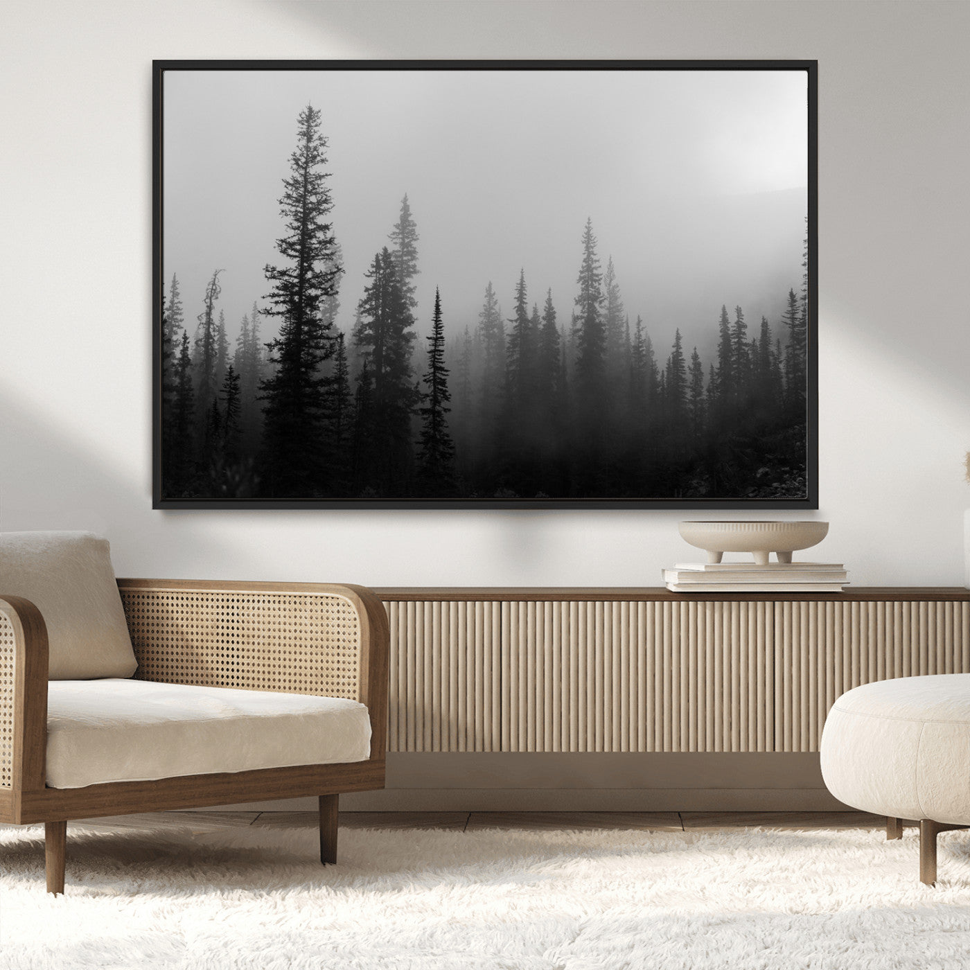 73138900-MGV-CV-36X24-Misty Pines Wall Art Canvas Print, Framed Woodland Photography Art Picture Print, Minimalist Decor Perfect Modern Rustic Decor