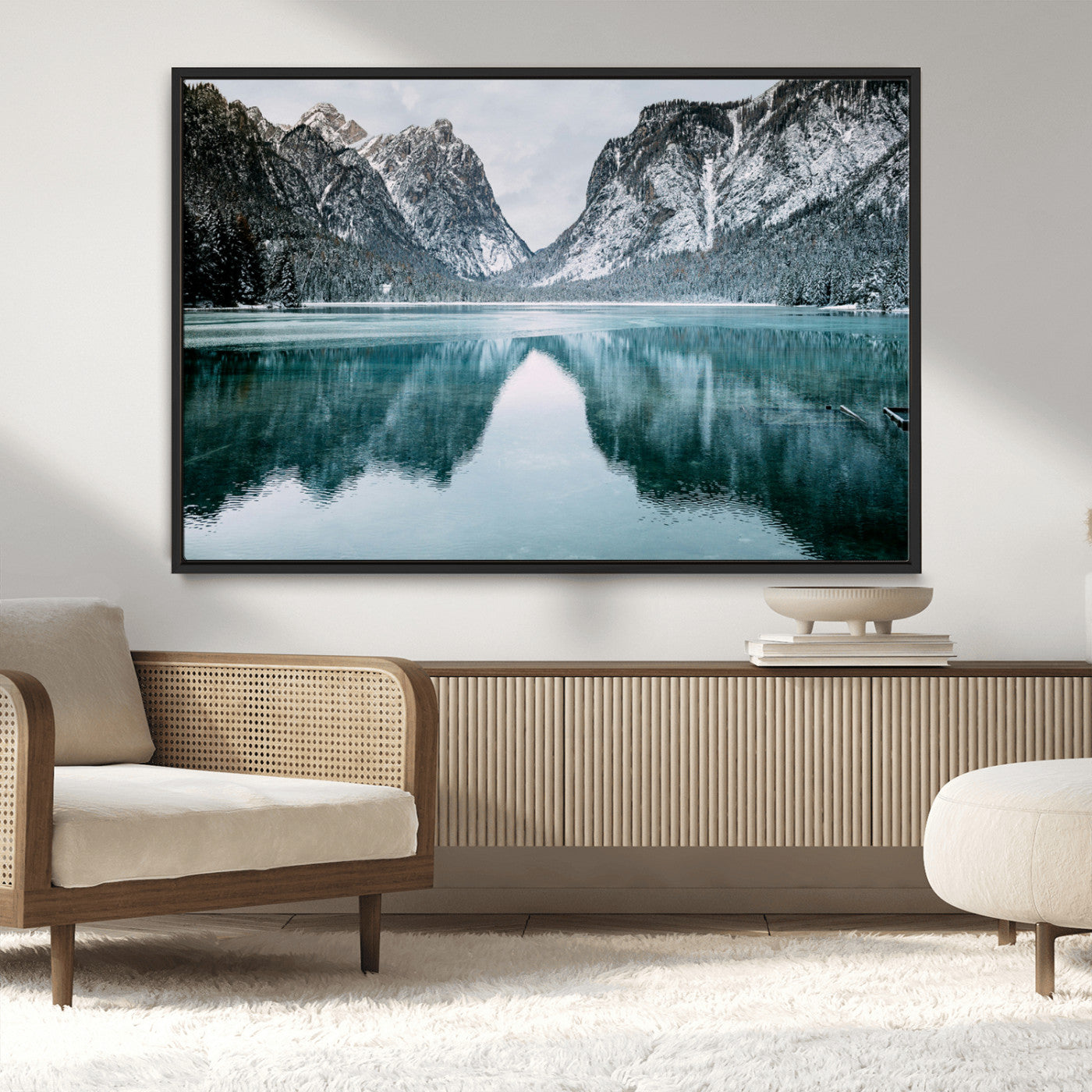 73098373-MGV-CV-36X24-Mountain Lake Wall Art Canvas Print, Framed Winter Wonderland Art Picture Print, Snowy Peaks Perfect Modern Nature Decor Artwork