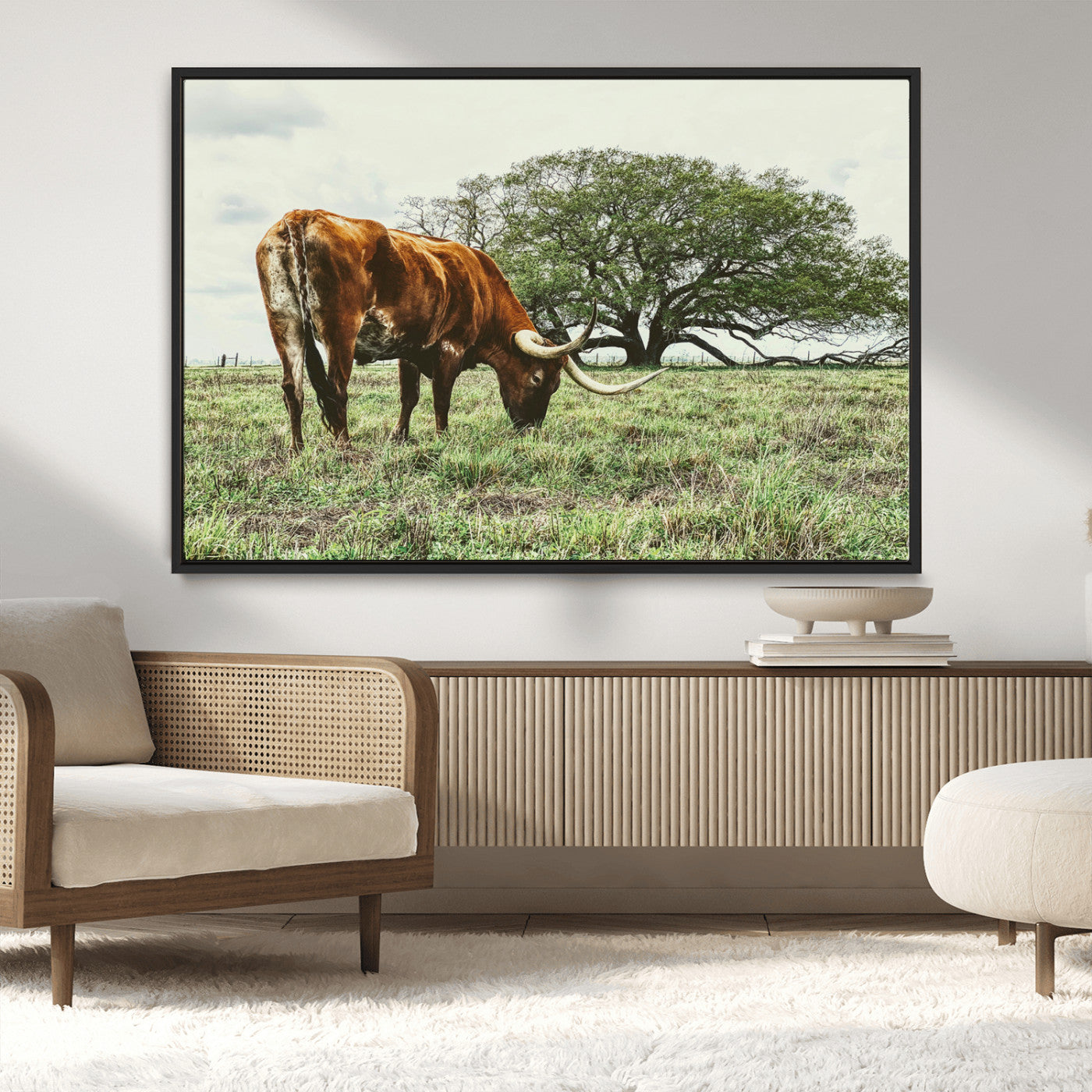 91866234-MGV-CV-36X24-Texas Longhorn Wall Art Canvas Print, Framed Rustic Ranch Art Picture Print, Western Cattle Perfect Rustic Farmhouse Decor Artwork