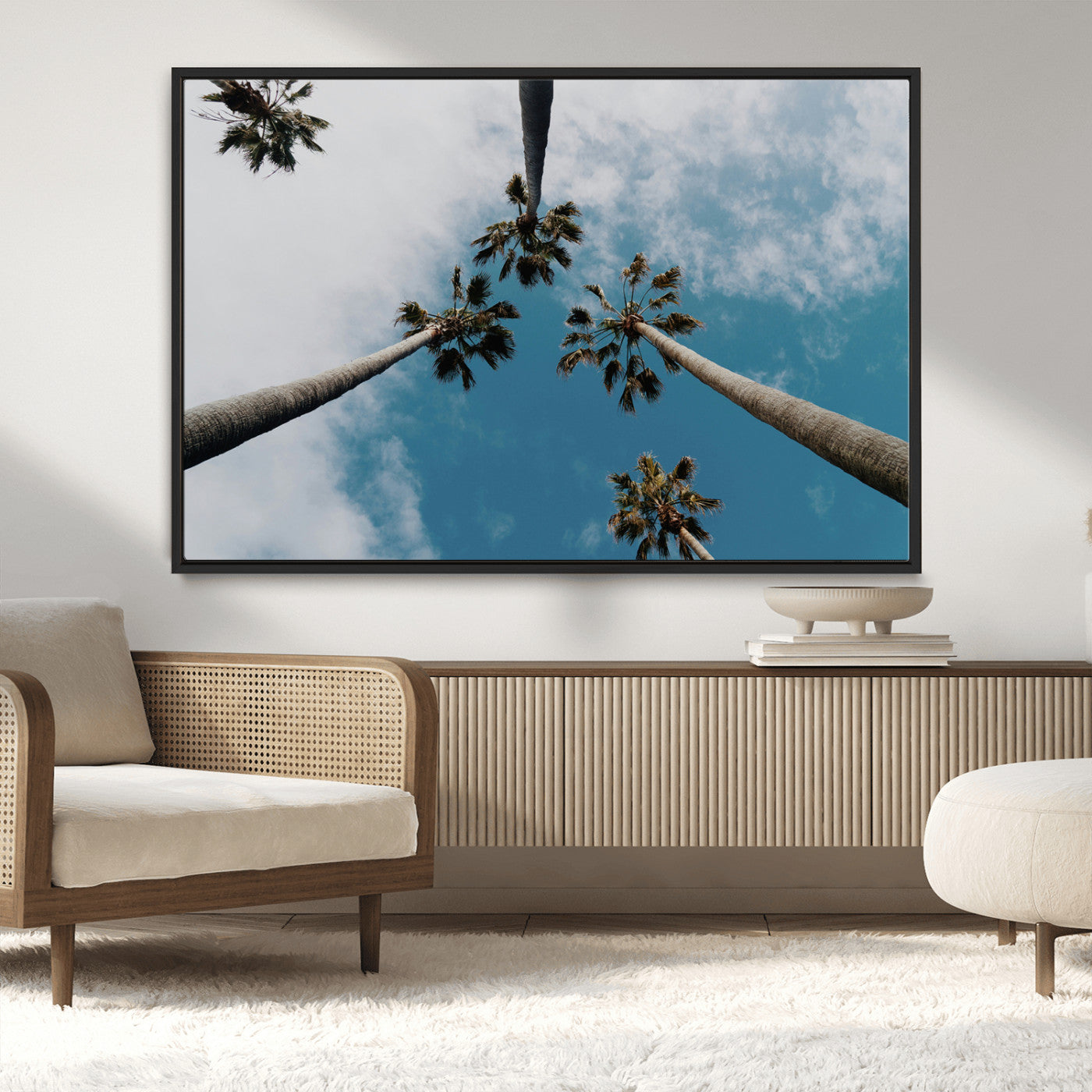 45236398-MGV-CV-36X24-Tropical Palm Trees Wall Art Canvas Print, Framed California Sky Art Picture Print, Minimalist Nature Perfect Coastal Minimalist