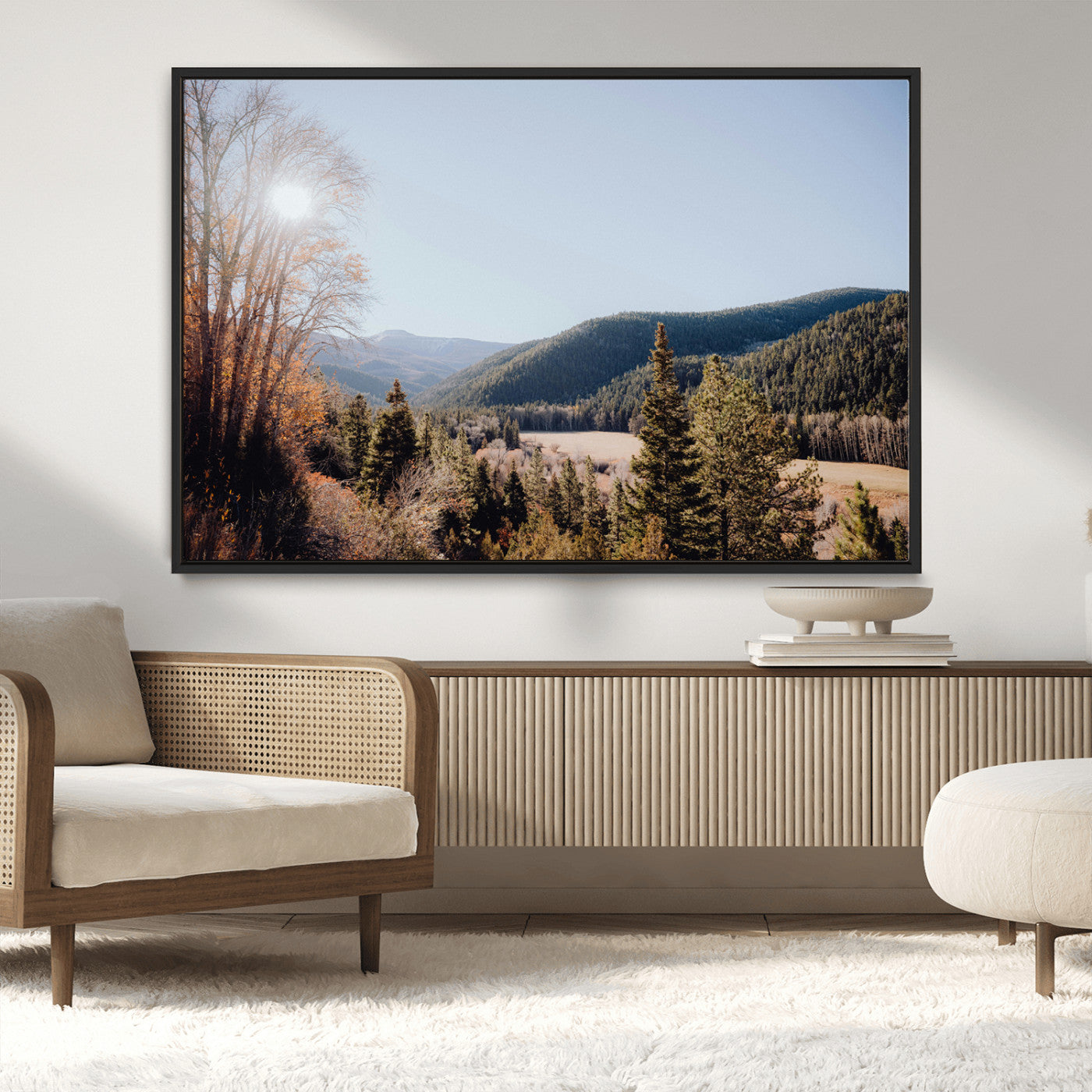 52941305-MGV-CV-36X24-Rustic Landscape Wall Art Canvas Print, Framed Serene Valley Art Picture Print, Pine Tree Horizon Perfect Rustic Cabin Decor