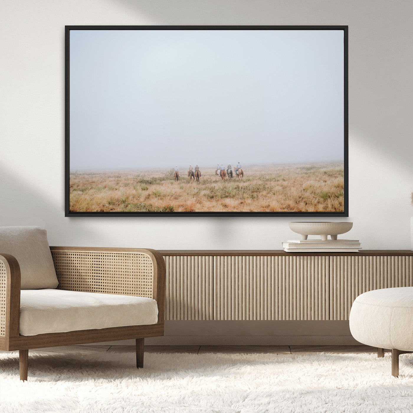 14761944-MGV-FC-36X24_Black-Foggy Plains Wall Art Canvas Print, Framed Horseback Riders Art Picture Print, Rustic Western Perfect Rustic Western Decor Artwork