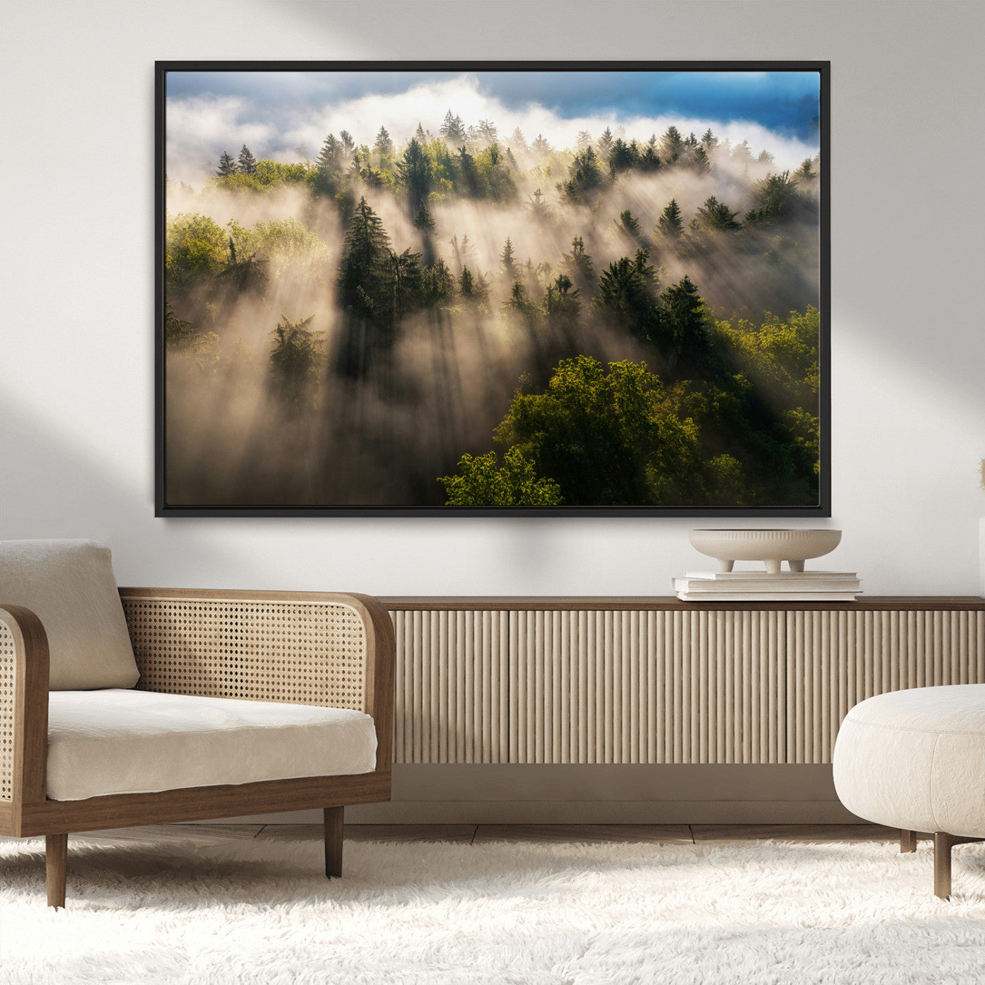 14785710-MGV-CV-36X24-Tranquil Forest Scene Wall Art Canvas Print, Framed Sunbeam Through Trees Art Picture Print, Moody Green Wall Art Perfect