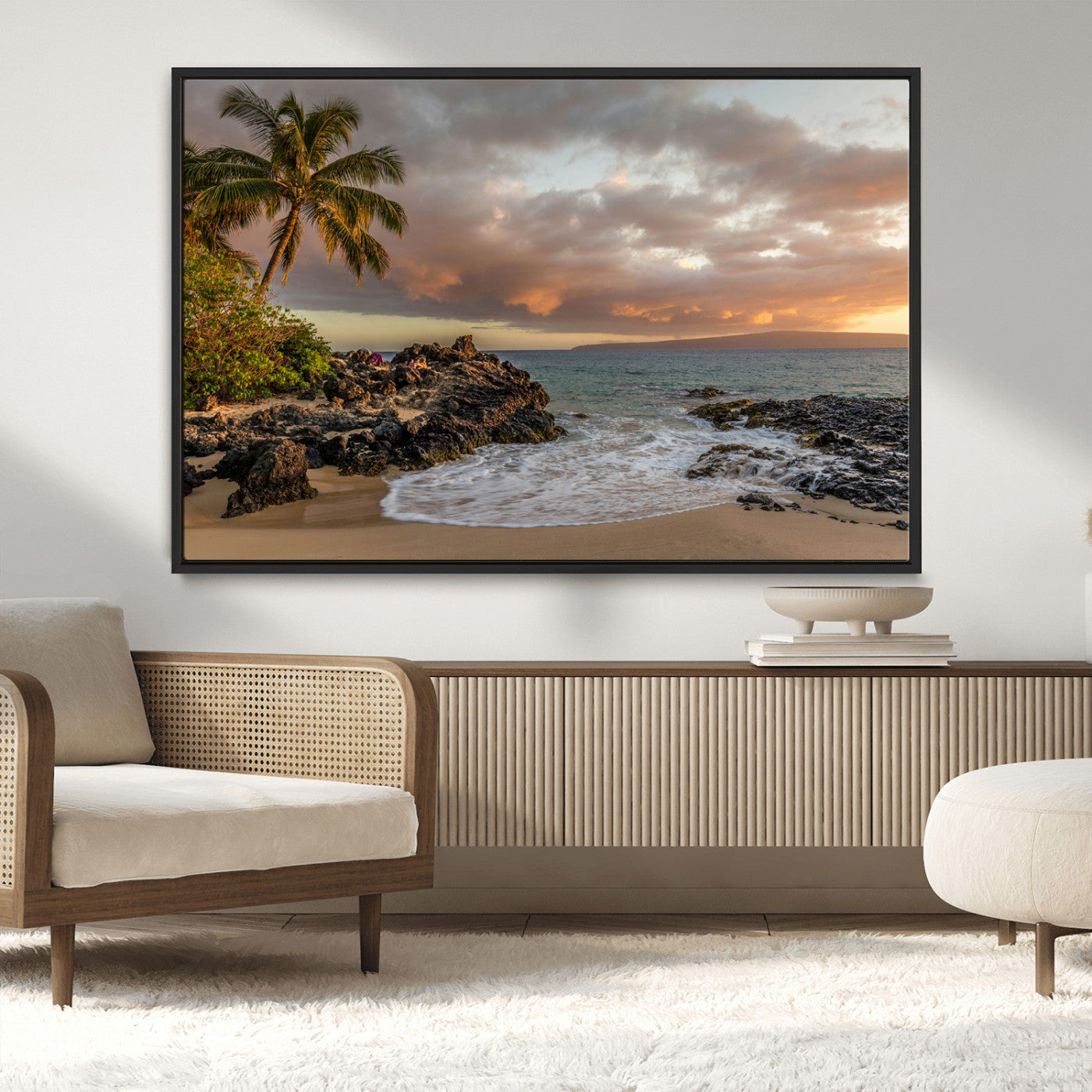 55108220-MGV-CV-36X24-Tropical Beach Wall Art Canvas Print, Framed Hawaiian Sunset Art Picture Print, Ocean Waves Perfect Coastal Tropical Decor Artwork