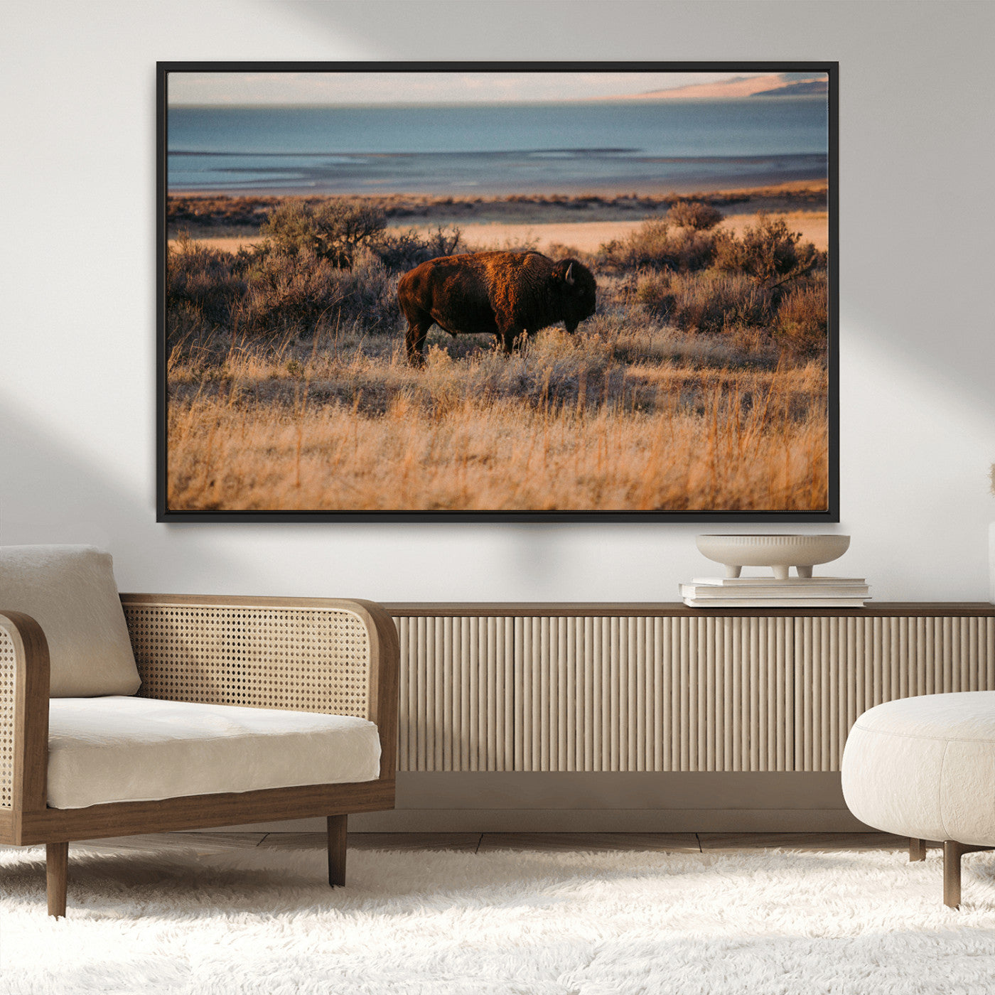 39509187-MGV-CV-36X24-Western Wildlife Wall Art Canvas Print, Framed Bison Art Picture Print, Golden Hour Perfect Western Rustic Decor Artwork