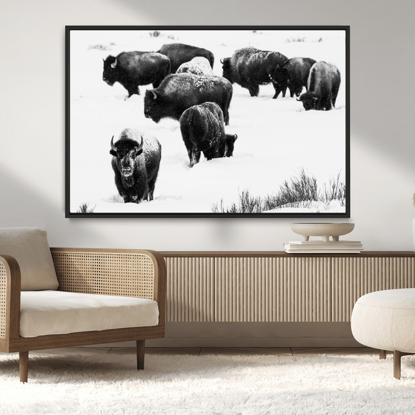 18914414-MGV-CV-36X24-Buffalo Herd Wall Art Canvas Print, Framed Black and White Art Picture Print, Snowy Landscape Perfect Rustic Lodge Decor Decor