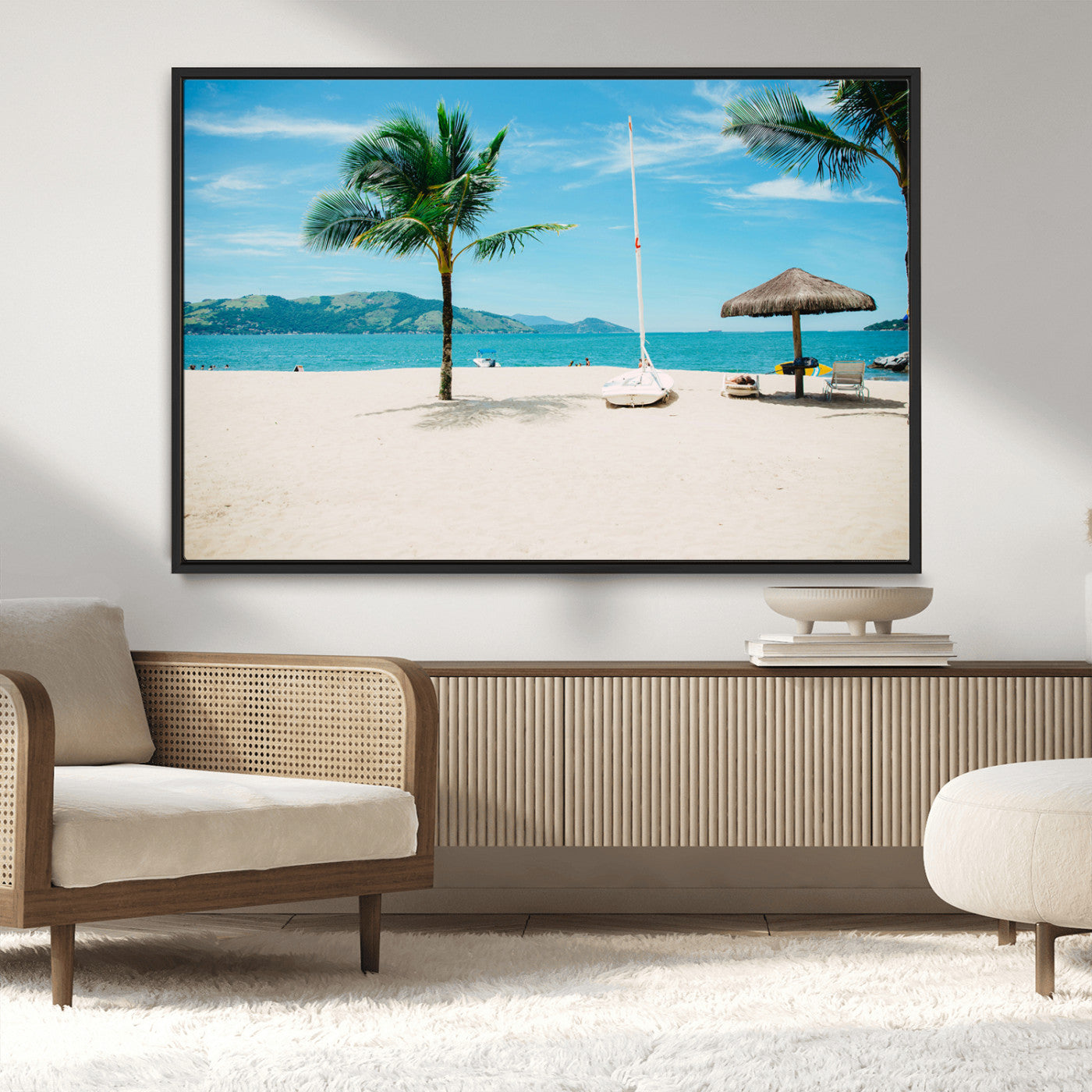 42623350-MGV-CV-36X24-Tropical Beach Wall Art Canvas Print, Framed Palm Tree Art Picture Print, Ocean View Perfect Tropical Coastal Decor Artwork