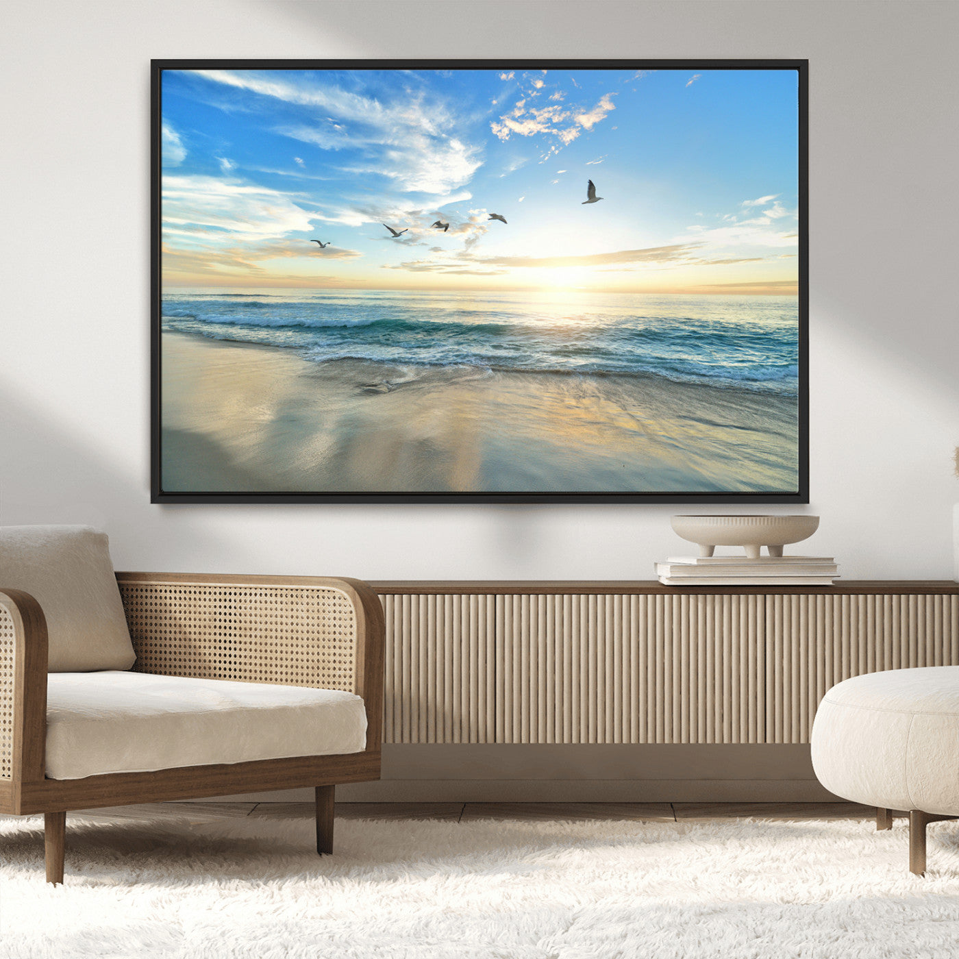 20708696-MGV-CV-36X24-Minimalist Seaside Wall Art Canvas Print, Framed Morning Glow Art Picture Print, Golden Reflections Perfect Coastal Minimalist