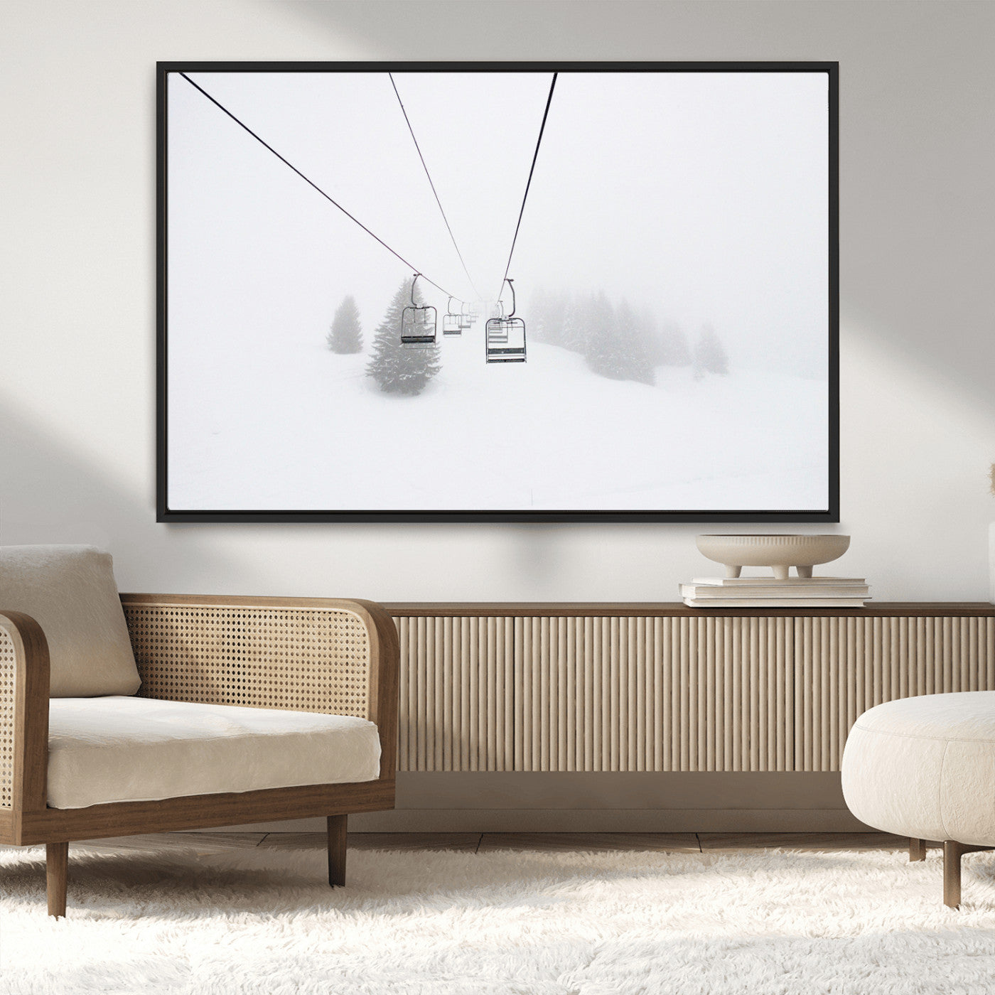 20216390-MGV-CV-36X24-Ski Lift Wall Art Canvas Print, Framed Snowy Landscape Art Picture Print, Alpine Adventure Perfect Nordic Minimalist Decor Artwork