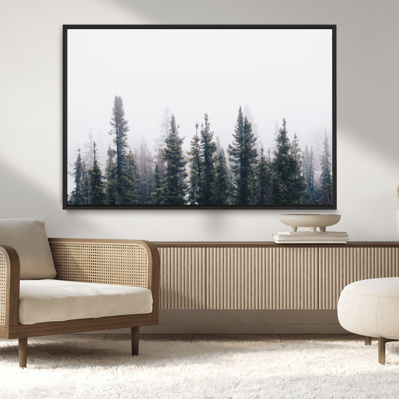 42364796-MGV-CV-36X24-Foggy Forest Wall Art Canvas Print, Framed Misty Pines Art Picture Print, Moody Woodland Perfect Scandinavian Minimalist Decor