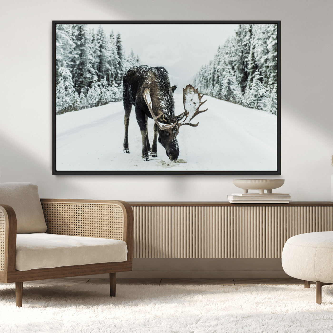 13316292-MGV-CV-36X24-Moose in Snow Wall Art Canvas Print, Framed Winter Wildlife Art Picture Print, Snowy Forest Scene Perfect Rustic Lodge Decor