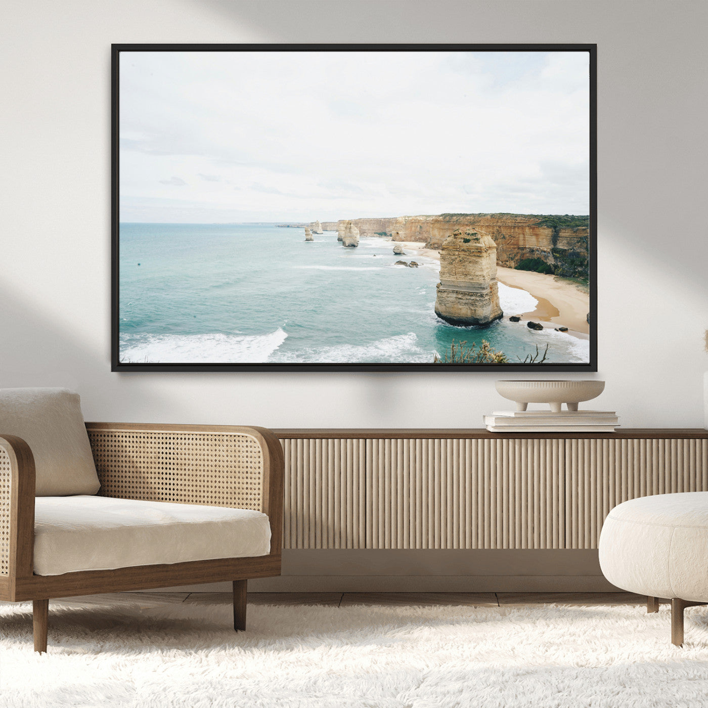 70095633-MGV-CV-36X24-Twelve Apostles Wall Art Canvas Print, Framed Coastal Cliffs Art Picture Print, Rugged Rock Formations Perfect Minimalist Coastal