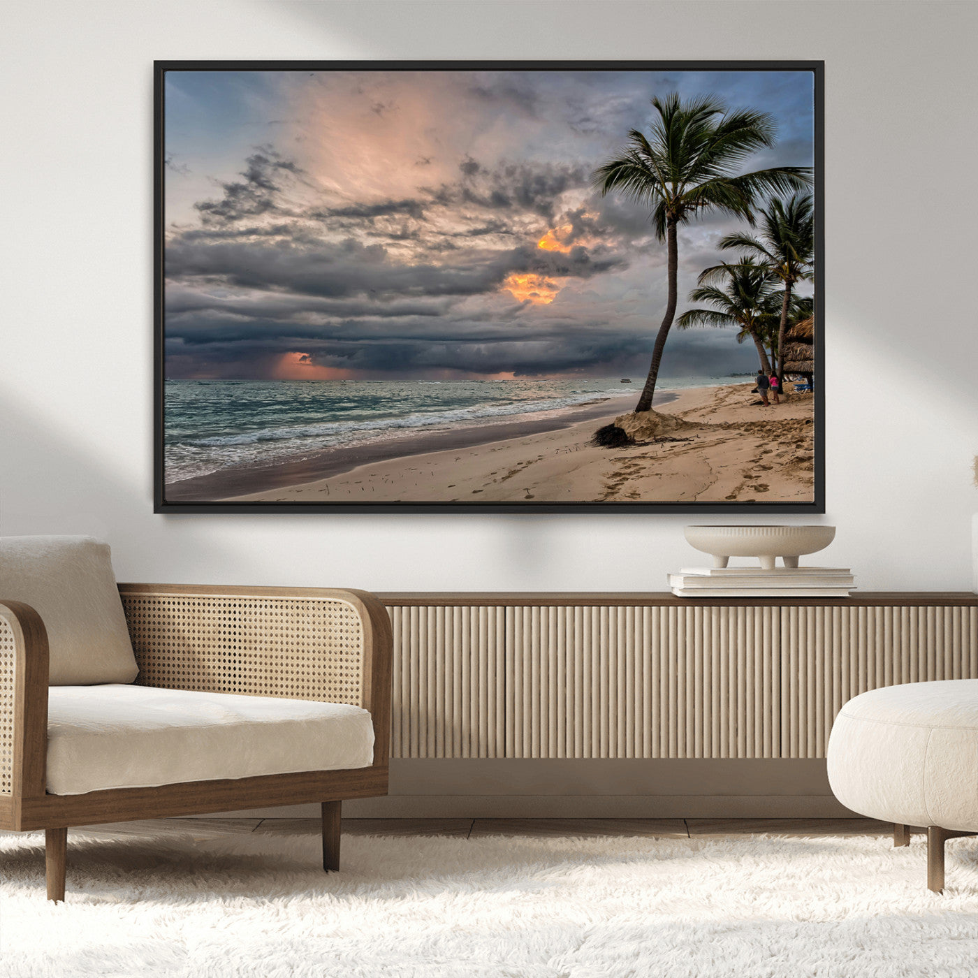 62574547-MGV-CV-36X24-Tropical Storm Wall Art Canvas Print, Framed Moody Beach Art Picture Print, Dramatic Sky Perfect Tropical Coastal Decor Artwork