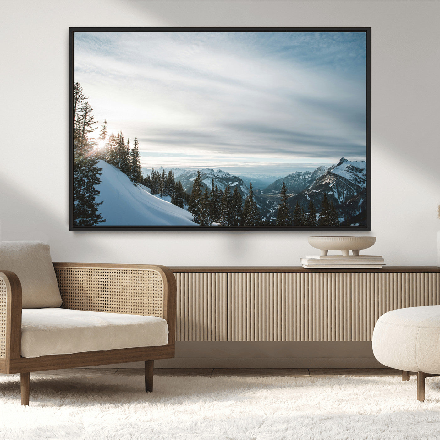 55564749-MGV-CV-36X24-Snowy Mountains Wall Art Canvas Print, Framed Alpine Landscape Art Picture Print, Frosty Peaks Perfect Nordic Minimalist Decor
