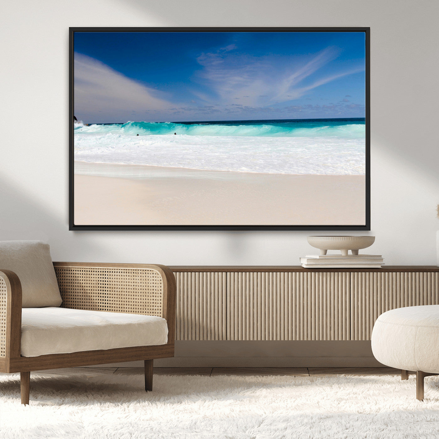 55017356-MGV-CV-36X24-Ocean Beach Wall Art – Turquoise Wave and White Sand Shoreline Canvas Print, Coastal Seascape Photography Decor for Living Room,
