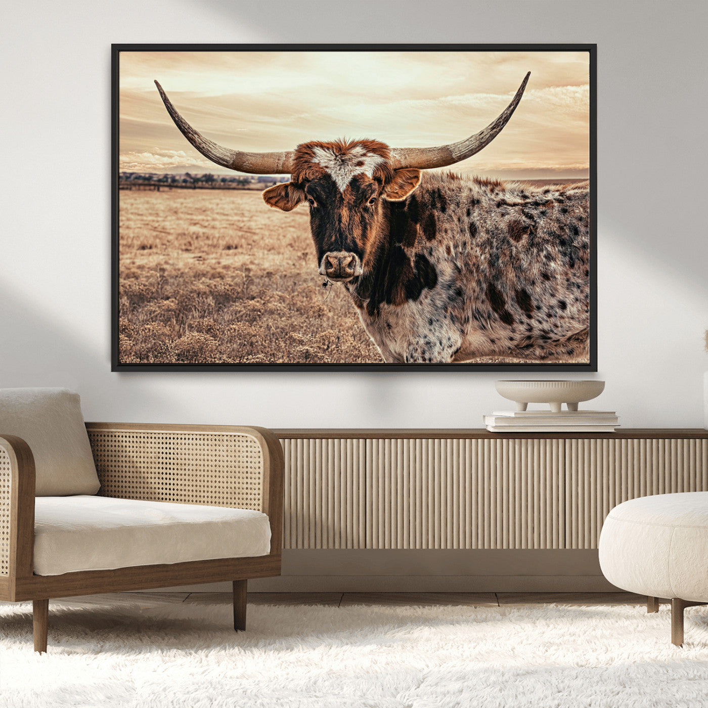 95745718-MGV-CV-36X24-Texas Longhorn Wall Art – Western Cattle Photography Canvas Print, Rustic Ranch Animal Artwork Country Farmhouse Decor for Living