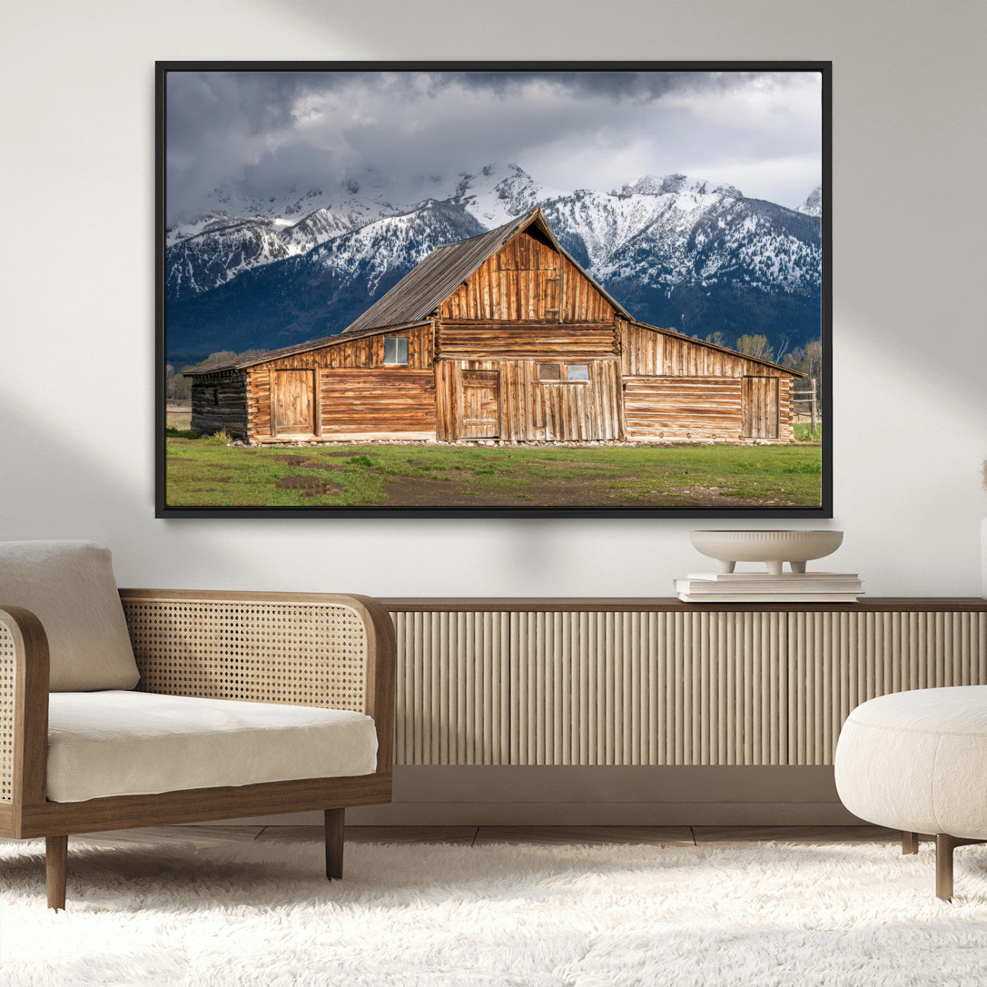 15173627-MGV-CV-36X24-Barn Wall Art – Rustic Wooden Cabin Canvas Print with Snowy Mountain Landscape, Western Farmhouse Country Decor for Living Room,