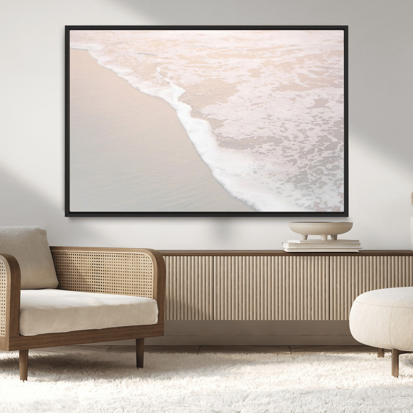 28414510-MGV-CV-36X24-Ocean Shoreline Wall Art – Minimal Coastal Beach Canvas Print, Soft Sea Foam and Sand Photography Artwork, Relaxing Nautical Decor