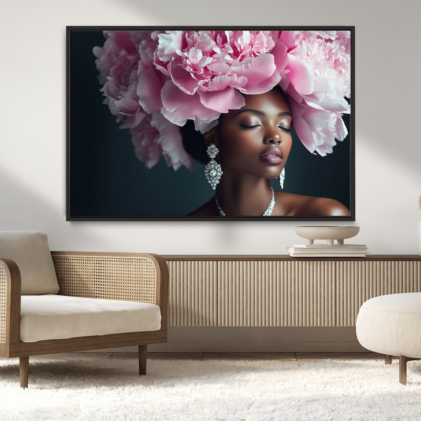 35482880-MGV-CV-36X24-Floral Portrait Wall Art – Elegant Woman with Pink Peony Headpiece Canvas Print, Luxury Fashion Inspired Artwork, Modern Glam