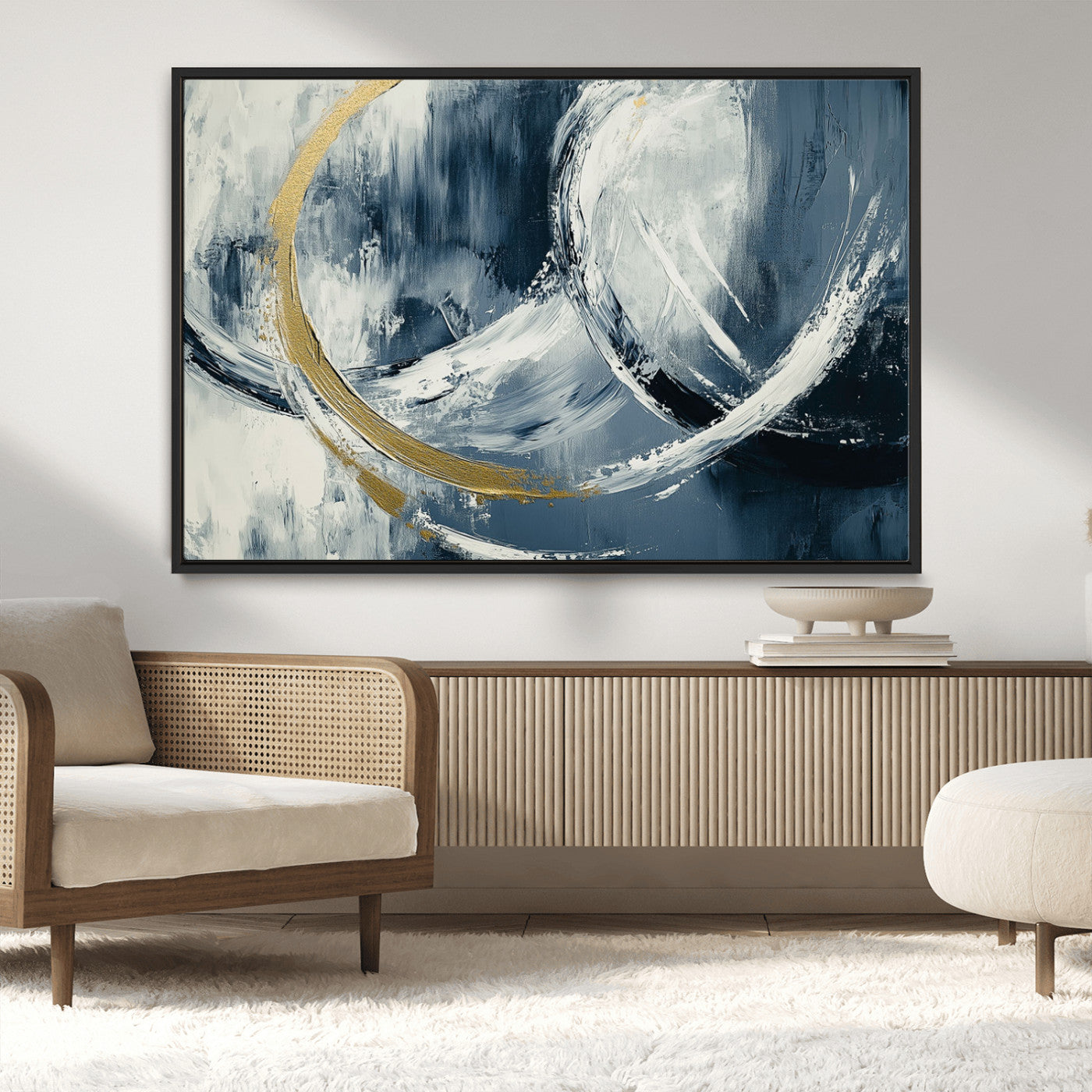 97295757-MGV-CV-36X24-Abstract Blue and Gold Wall Art – Modern Luxury Canvas Print, Navy White Brushstroke Painting, Contemporary Living Room Office