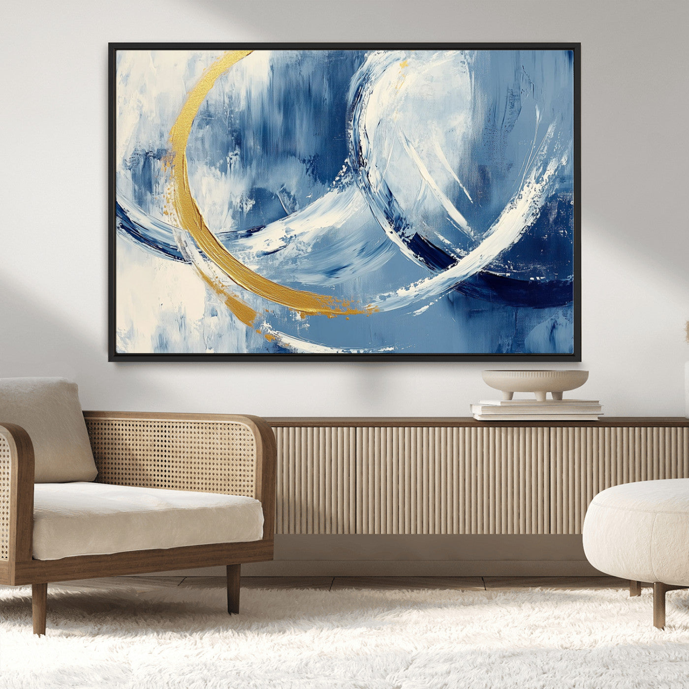 42475677-MGV-CV-36X24-Blue and Gold Abstract Wall Art – Modern Luxury Canvas Print, Navy White Brushstroke Painting, Contemporary Home Office Living