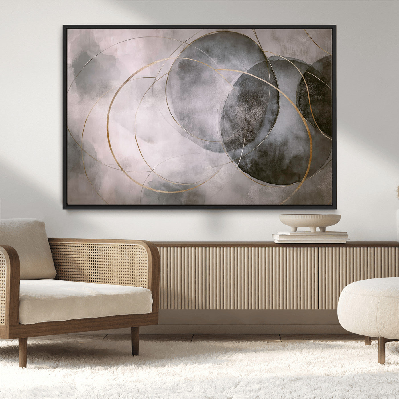 20066876-MGV-CV-36X24-Neutral Abstract Circle Wall Art – Modern Gray Beige Gold Canvas Print, Minimalist Geometric Painting for Bedroom, Living Room,
