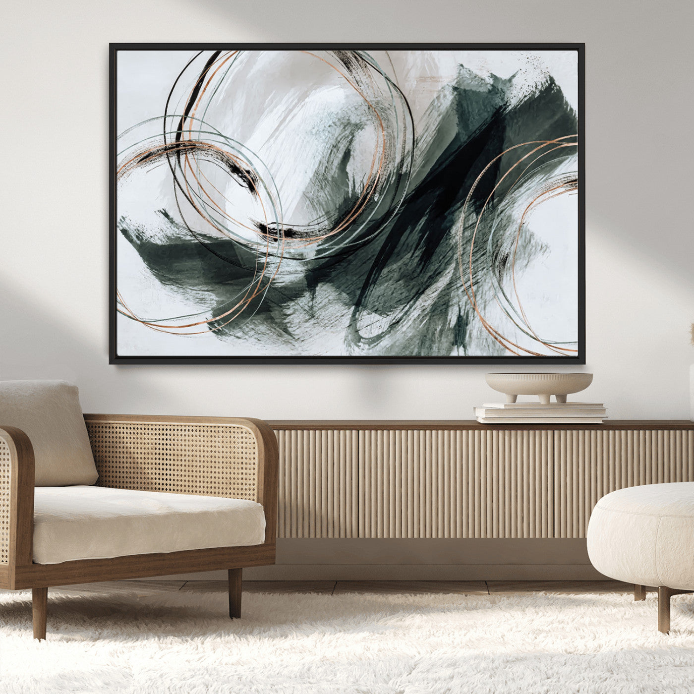 86583265-SEG-FC-90X60_Oversize_Oversize-Black and Gray Abstract Wall Art – Modern Copper Circle Canvas Print, Contemporary Minimalist Painting for Living Room, Bedroom,