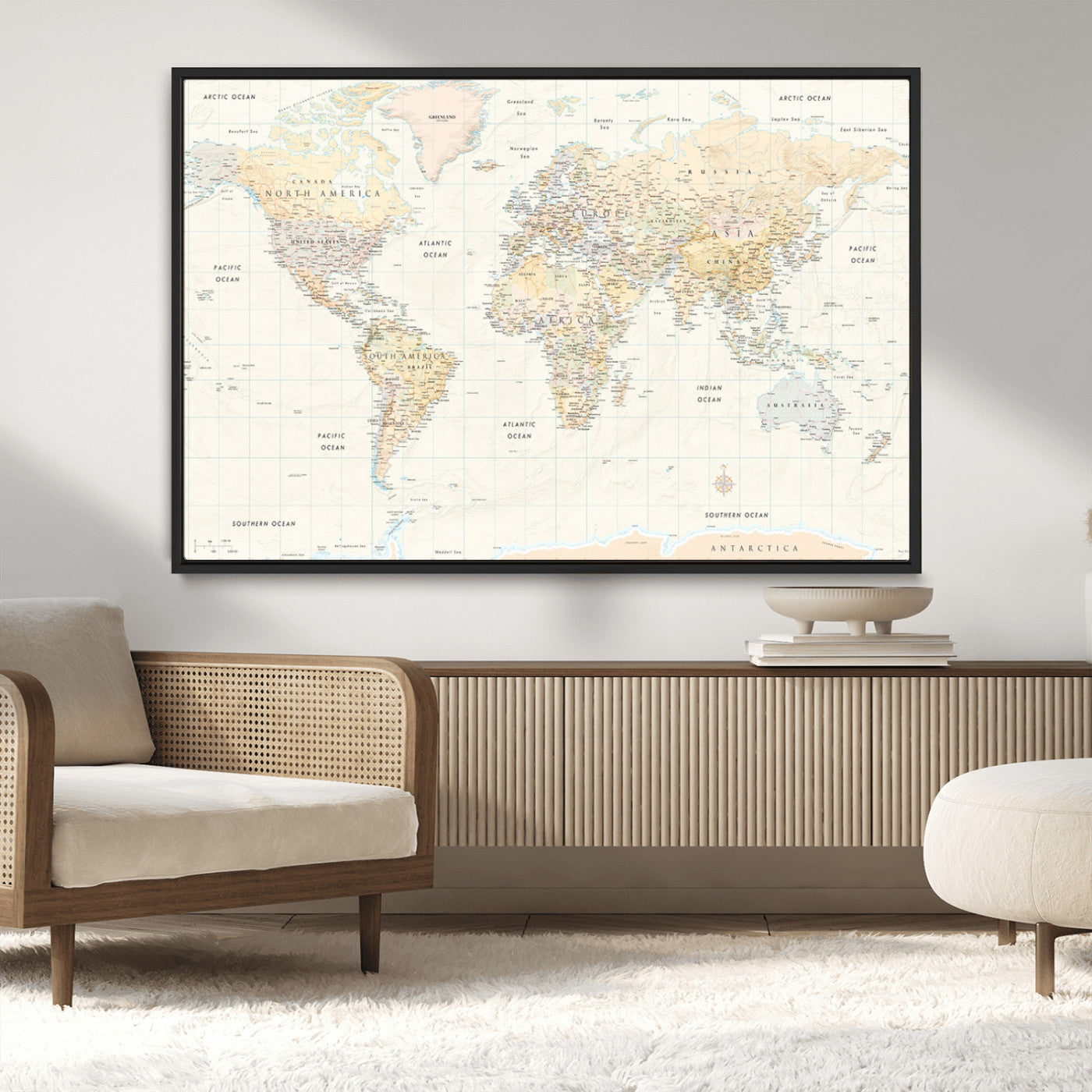 40660043-MGV-CV-36X24-World Map Wall Art – Large Detailed Atlas Style Map Print with Countries, Cities, and Oceans, Neutral Beige and Tan Educational