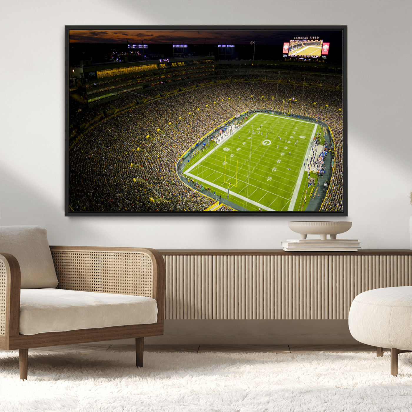 23655234-MGV-CV-36X24-Lambeau Field Stadium Wall Art – American Football Night Game Canvas Print with Packed Crowd and Lights – Sports Decor for Man