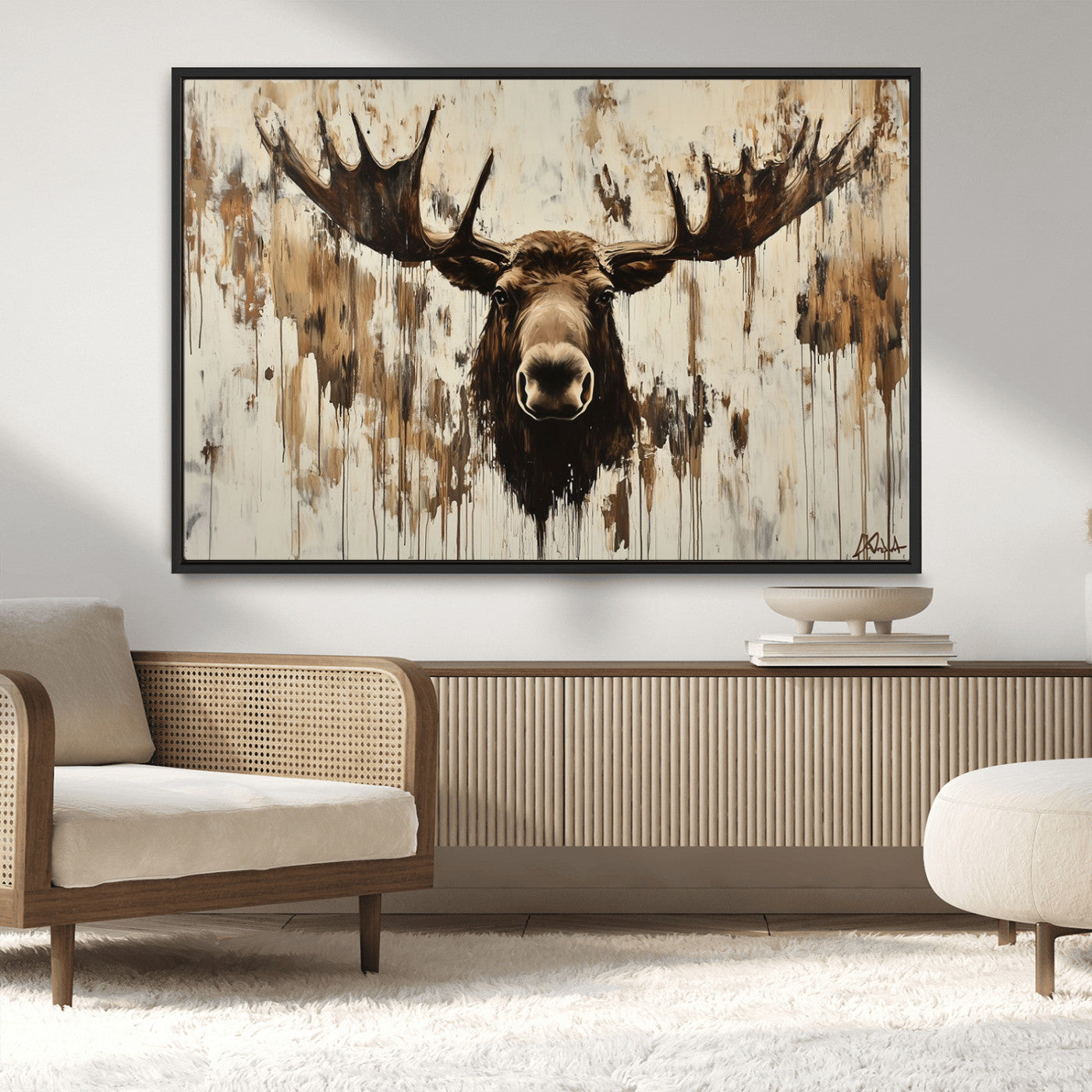 34496536-MGV-CV-36X24-Rustic Moose Wall Art – Modern Abstract Animal Canvas Print – Majestic Moose Head Painting with Neutral Earth Tones for Cabin,