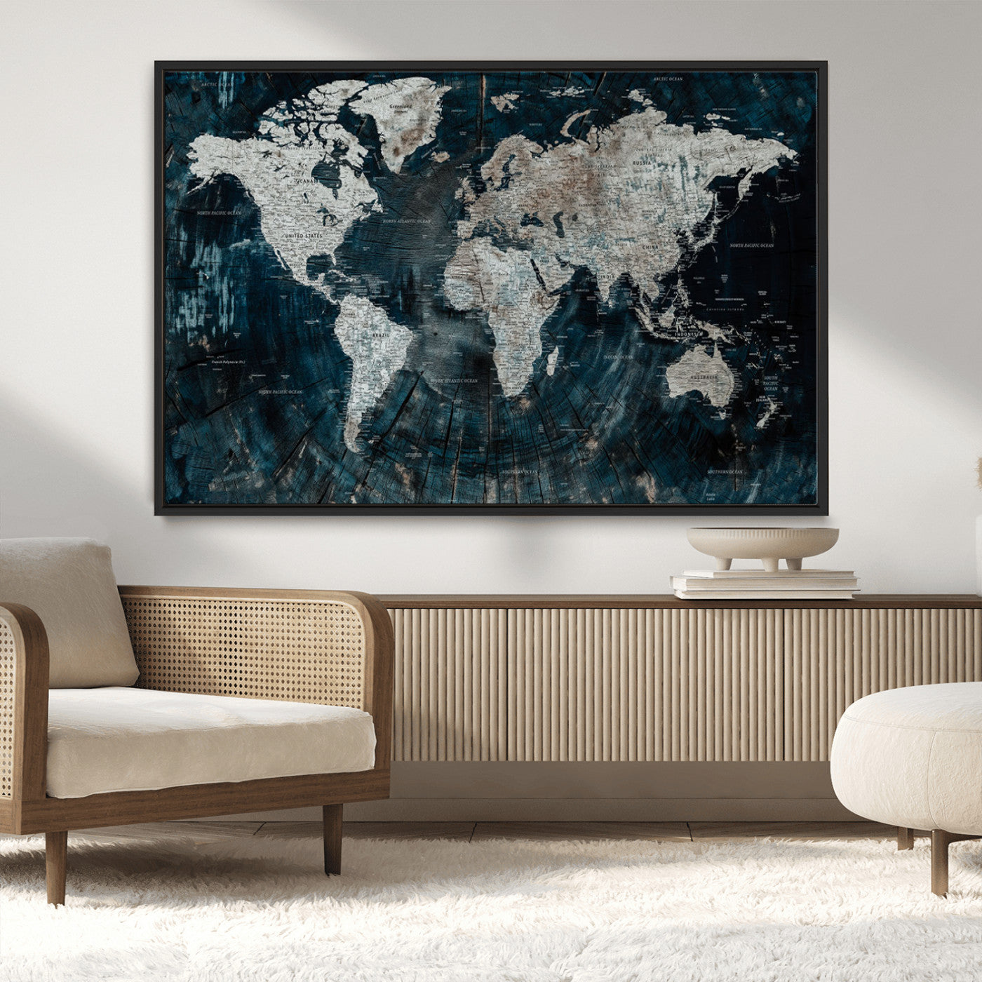 34425609-MGV-CV-36X24-World Map Wall Art – Rustic Navy and Grey Atlas Canvas Print, Distressed Explorer Map Artwork, Industrial Style Decor for Office,